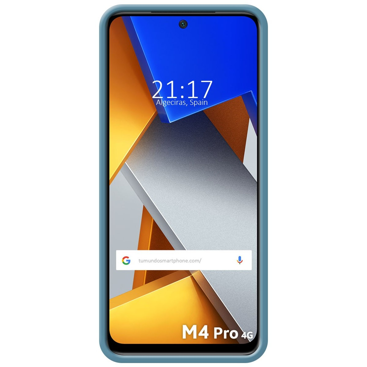 Custodia blu. Lo schermo mostra un'ora e un design astratto blu, grigio e bianco.