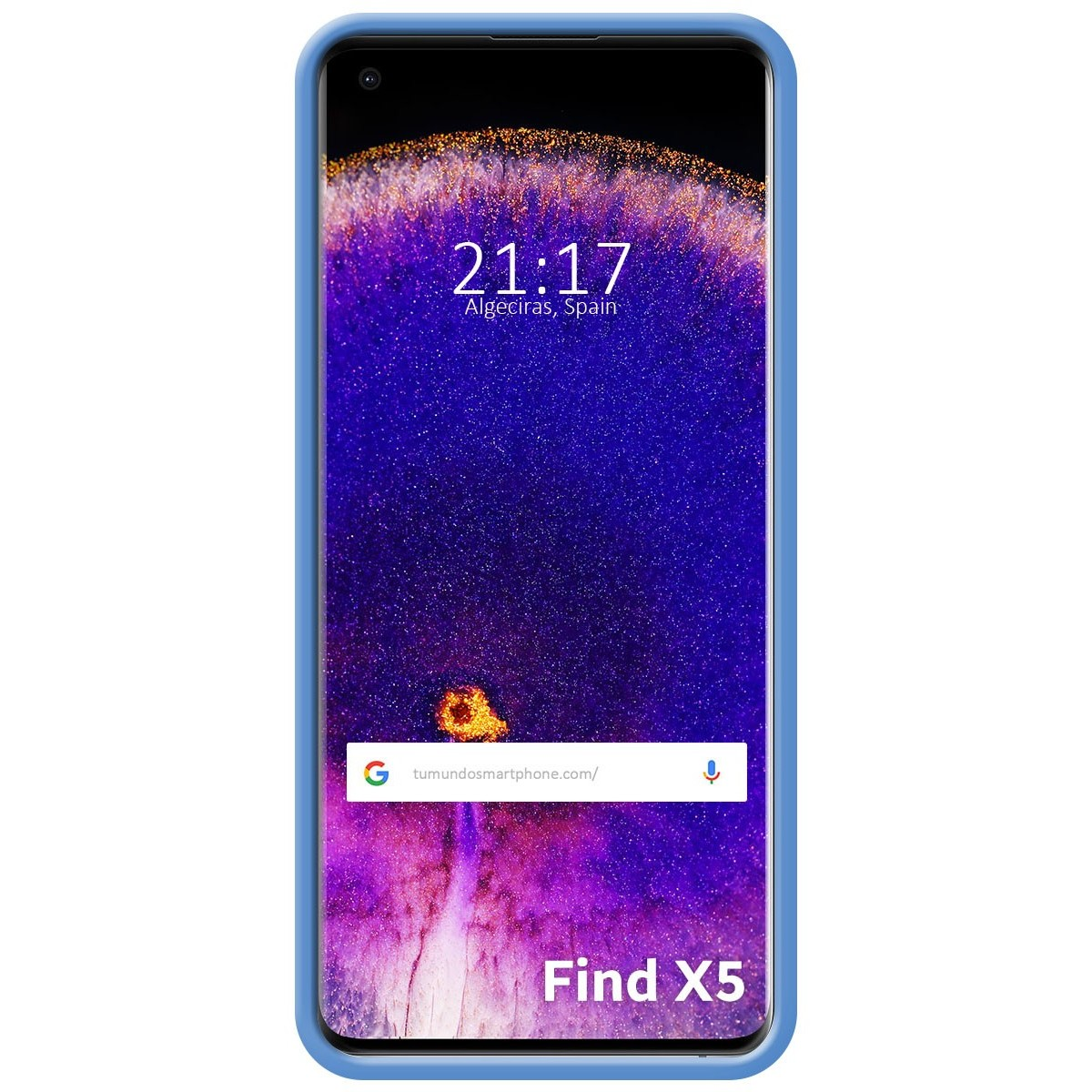 Funda de teléfono con borde azul. El teléfono muestra una imagen morada y dorada.
