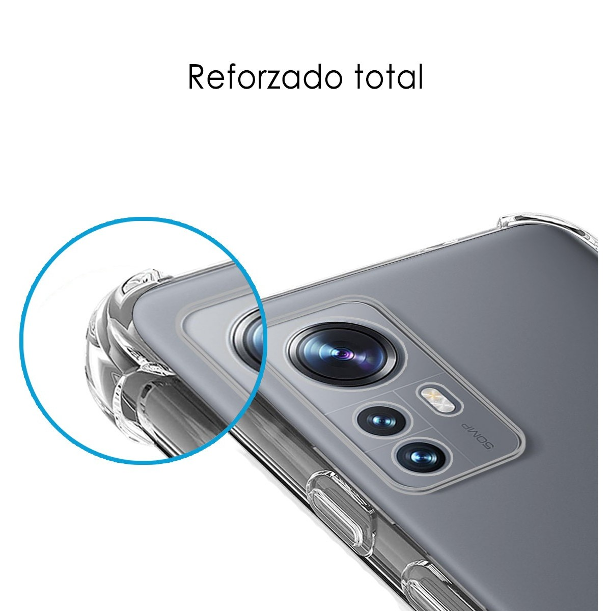 Una custodia trasparente per telefono viene mostrata con un telefono all'interno. Il telefono ha una fotocamera.