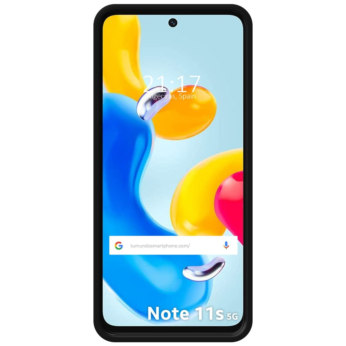 Telefono che mostra forme astratte in giallo e blu. Il telefono mostra l'ora e la barra di ricerca.