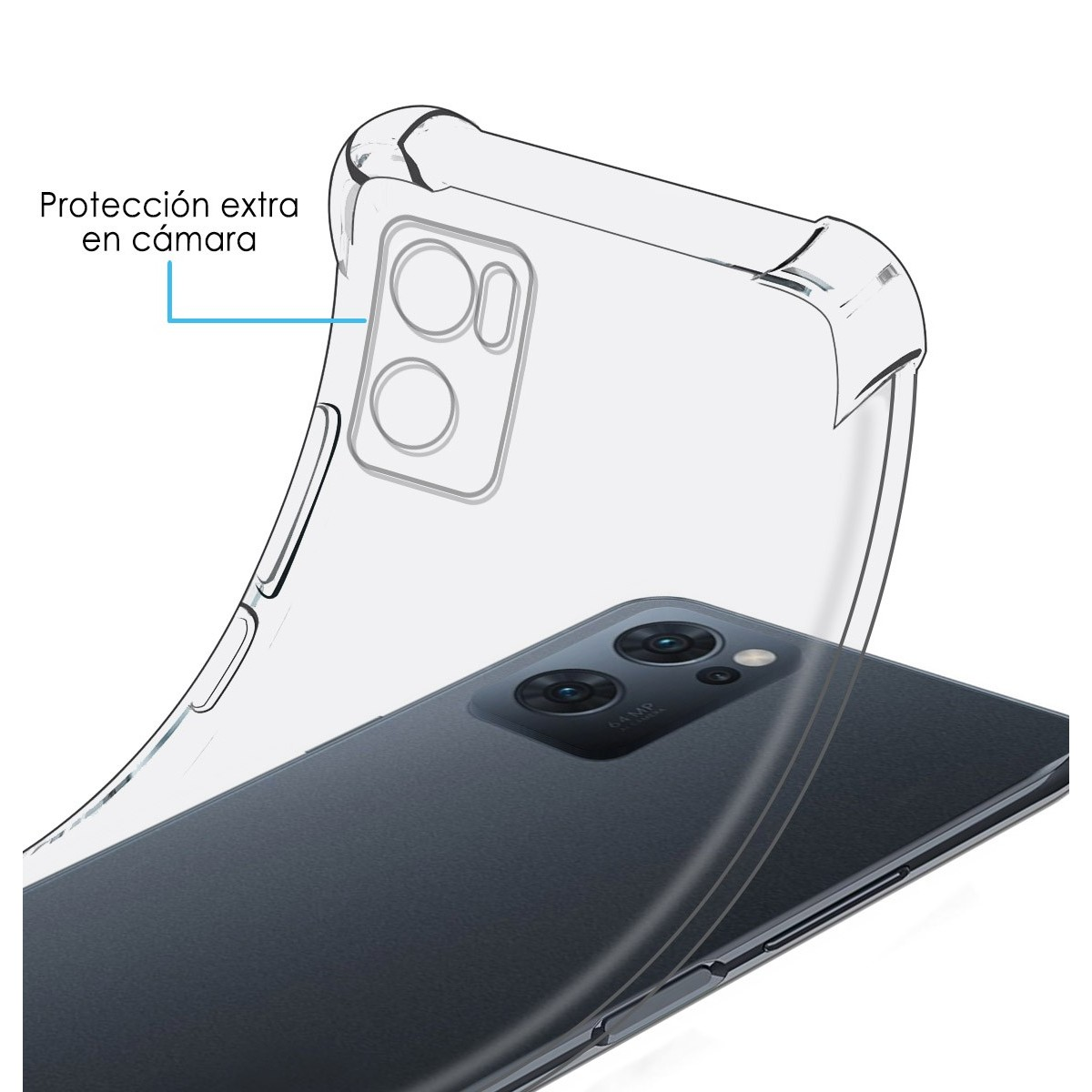 Teléfono y una funda transparente. La funda está en el teléfono.