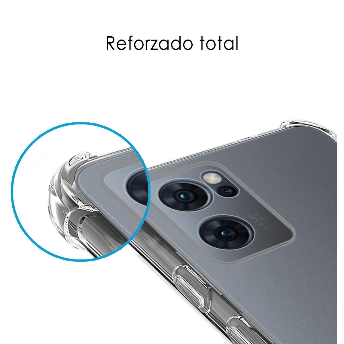 Primer plano de una esquina de una funda transparente. El texto dice 'Reforzado total'. La esquina es redondeada.