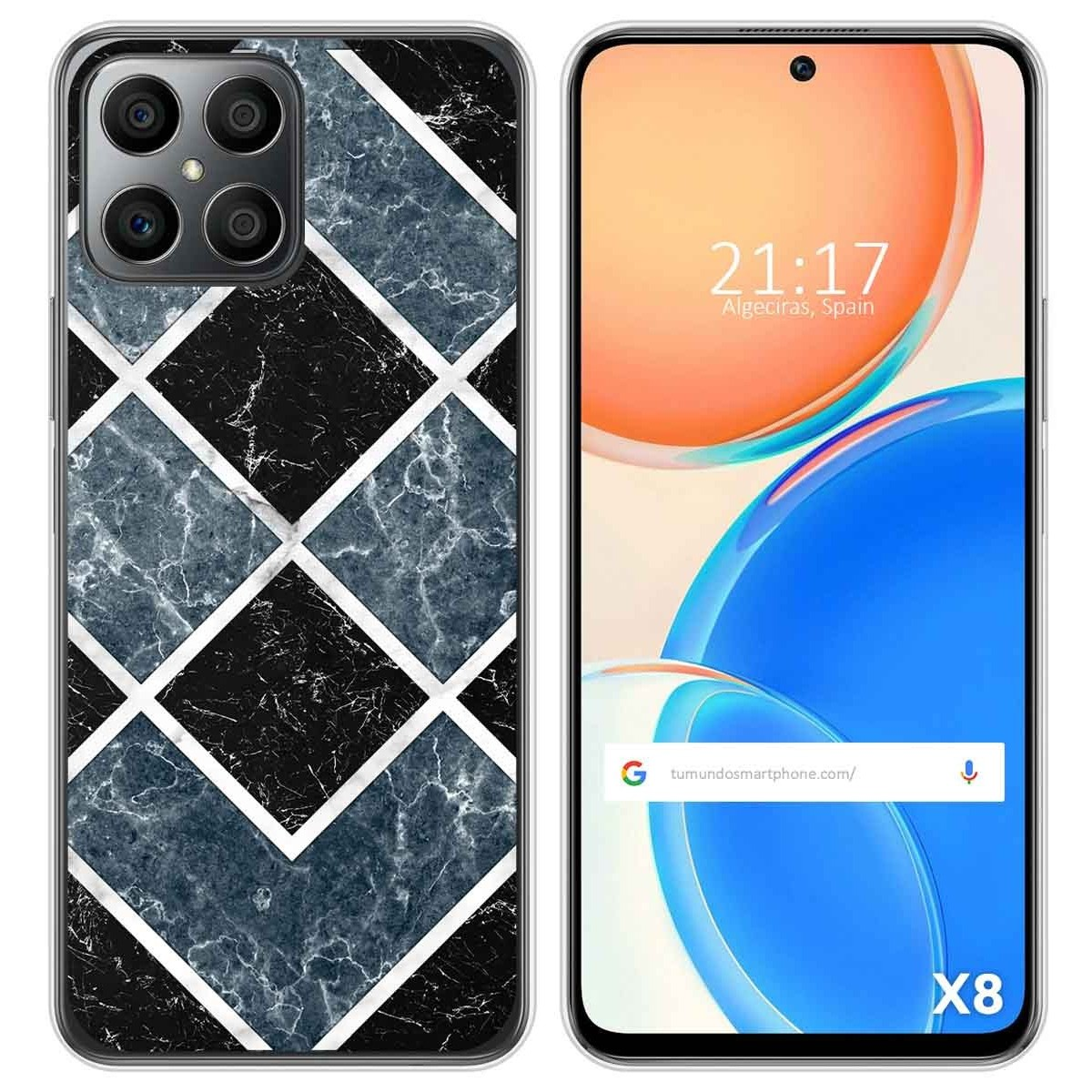Dos teléfonos en fundas. Uno tiene un diseño de mármol. El otro muestra la hora y diseños azules.