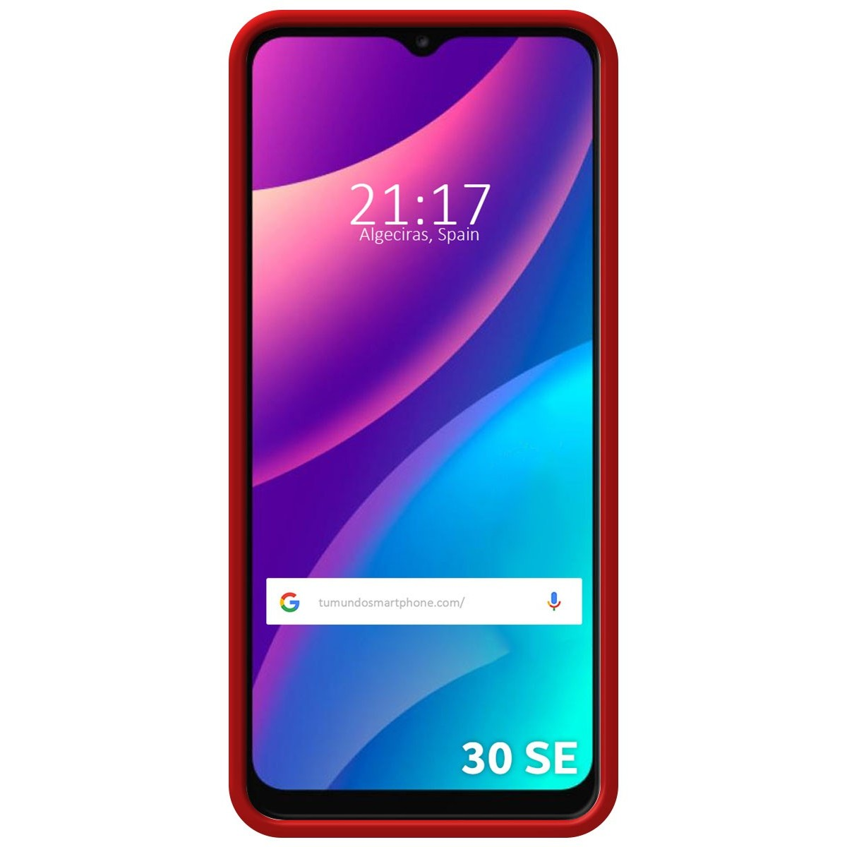 Schermo del telefono con cornice rossa. Mostra l'ora, il sito web. Il telefono è etichettato 30 SE.