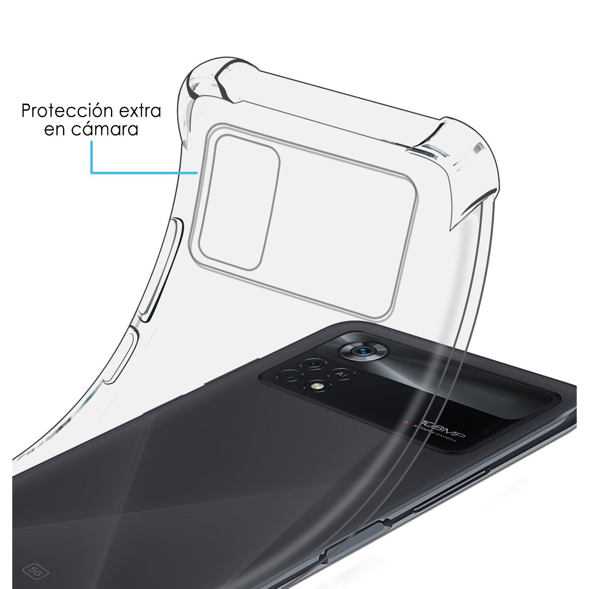 Immagine di un telefono con una custodia protettiva. Testo sulla custodia: Protección extra en cámara, e 5G.