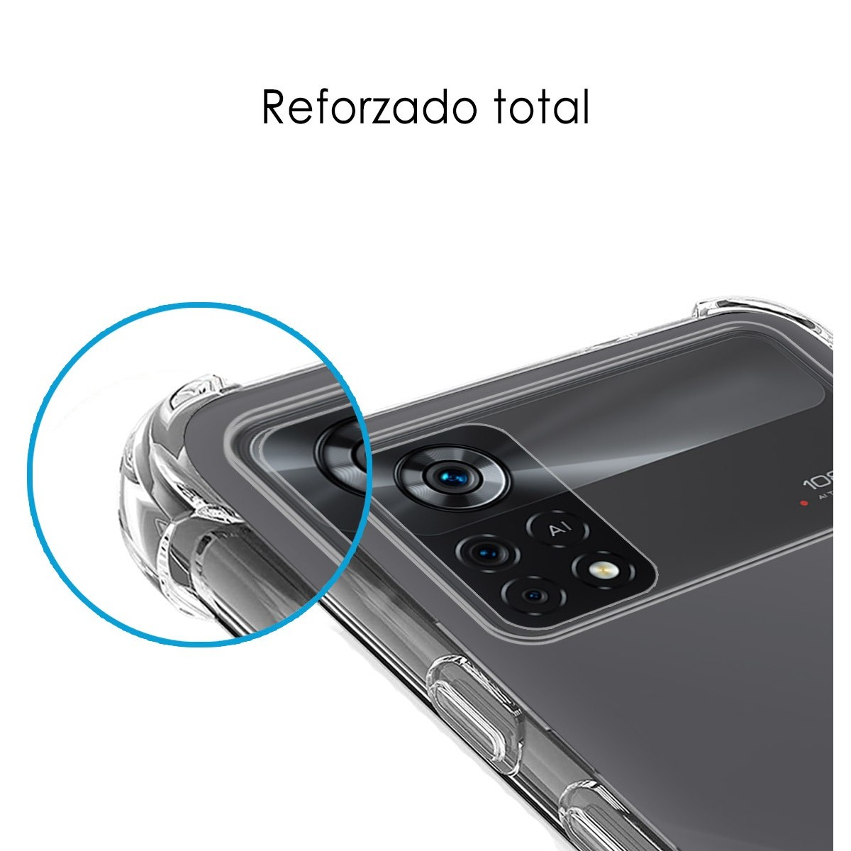 Primo piano di una custodia trasparente, che mostra la fotocamera del telefono e il testo "Reforzado total".