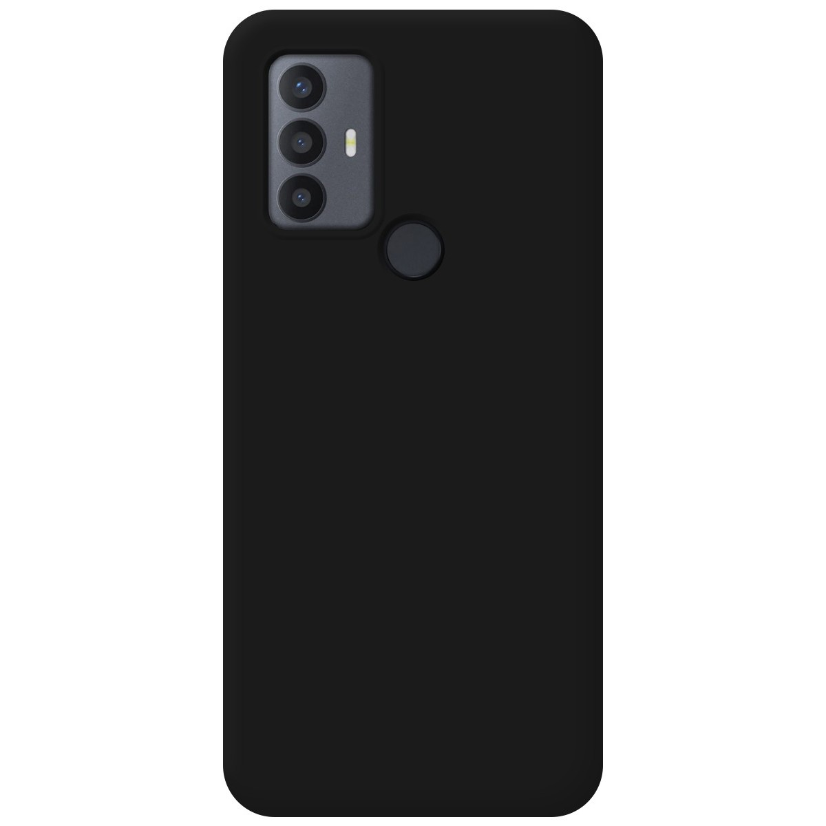 Custodia nera per telefono con modulo fotocamera e sensore di impronte digitali.