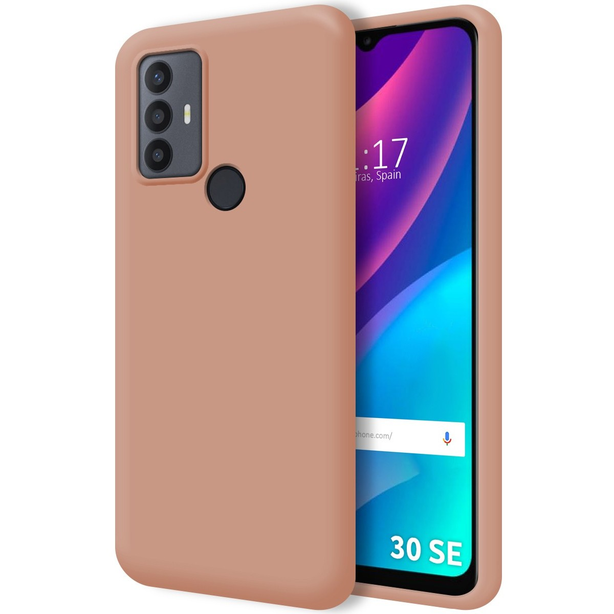 Una custodia per telefono color pesca con un telefono con uno schermo colorato con un display dell'ora.