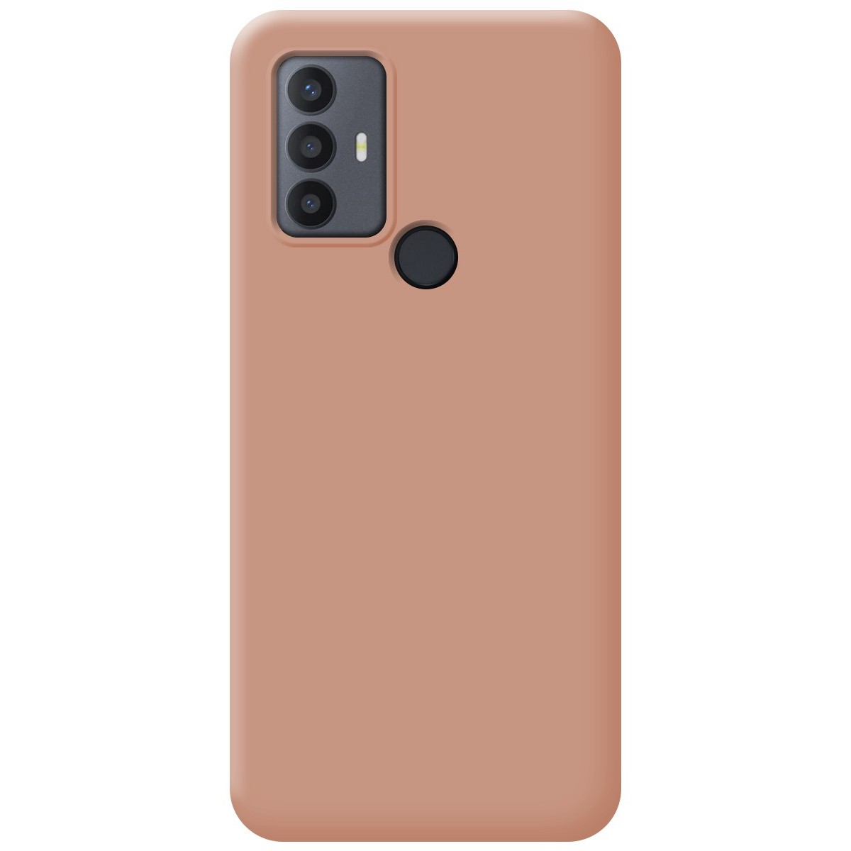 Una custodia per telefono semplice di colore marrone chiaro con una configurazione della fotocamera nell'angolo in alto a sinistra.