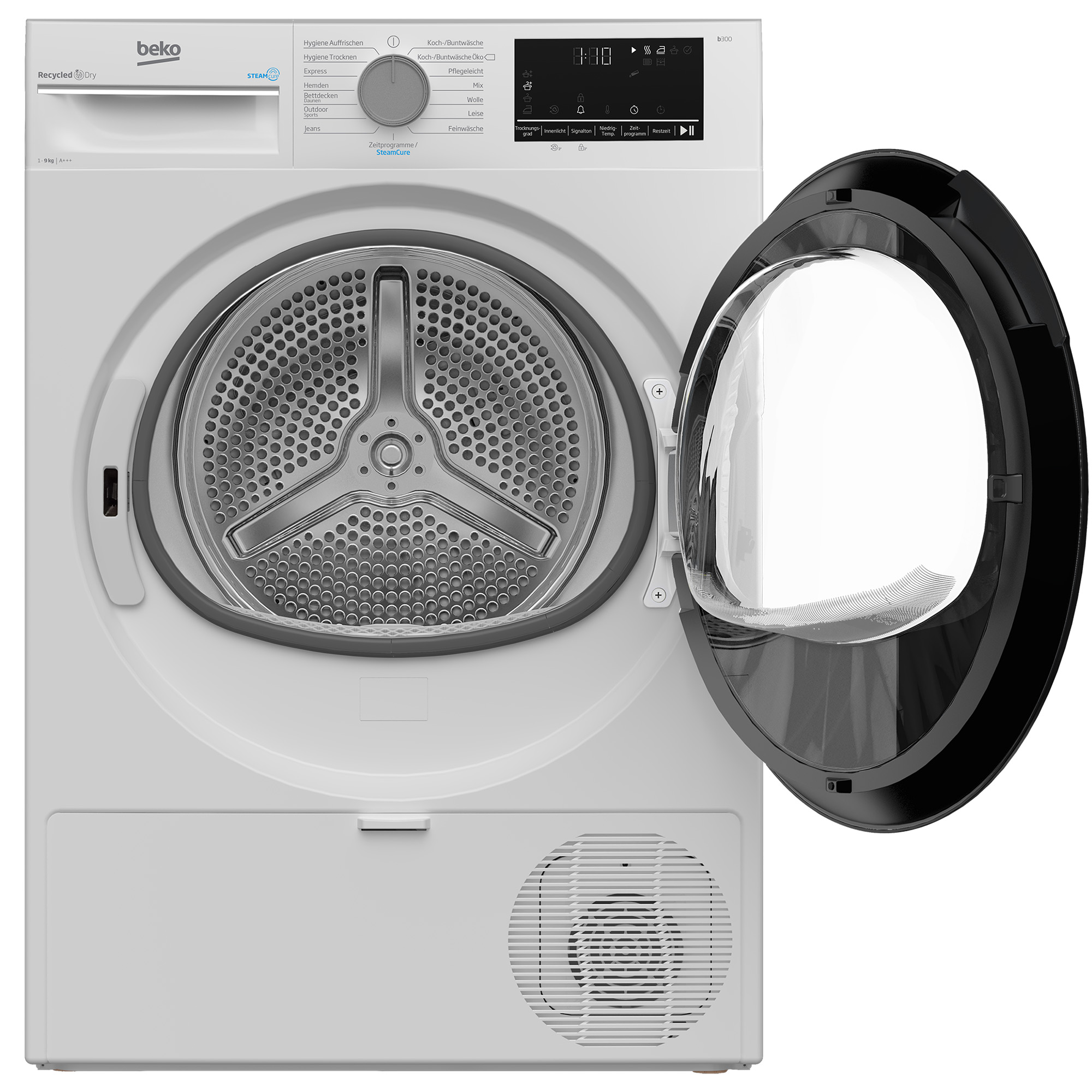 Weißer Beko-Trockner mit offener Tür. Die Innentrommel ist sichtbar, mit einem Bedienfeld oben.