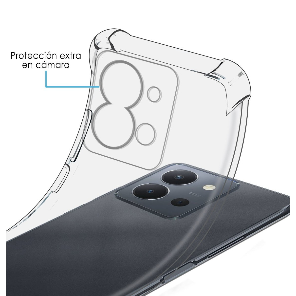 Custodia trasparente con telefono all'interno, dettagli fotocamera e testo.