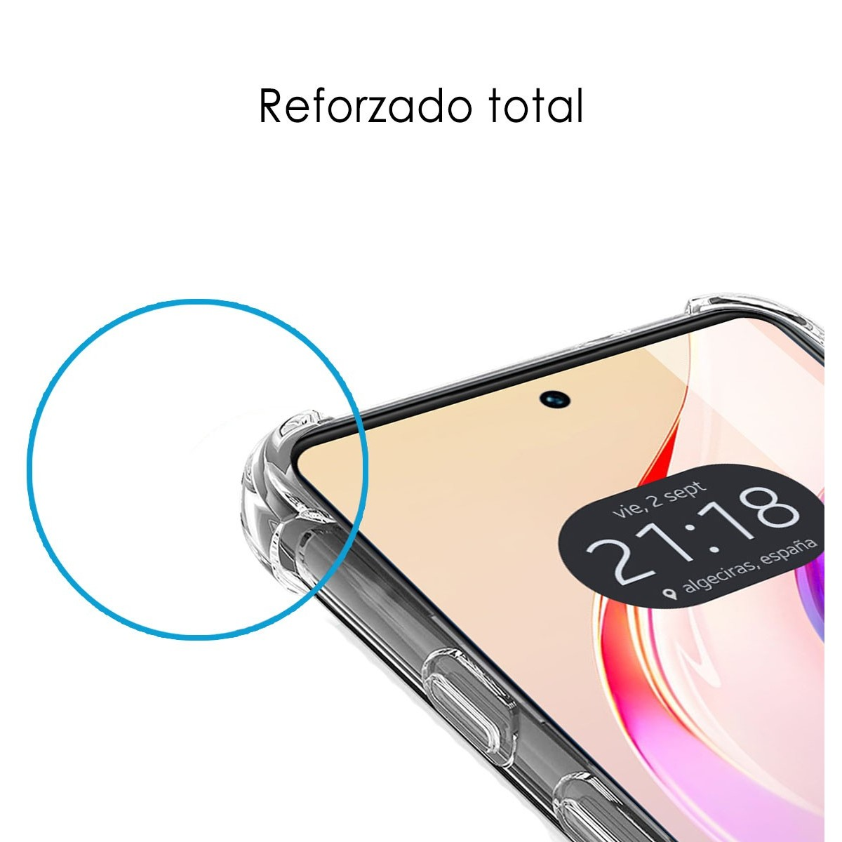 Custodia per telefono che mostra uno schermo del telefono con un display dell'ora e le parole 'Reforzado total'.