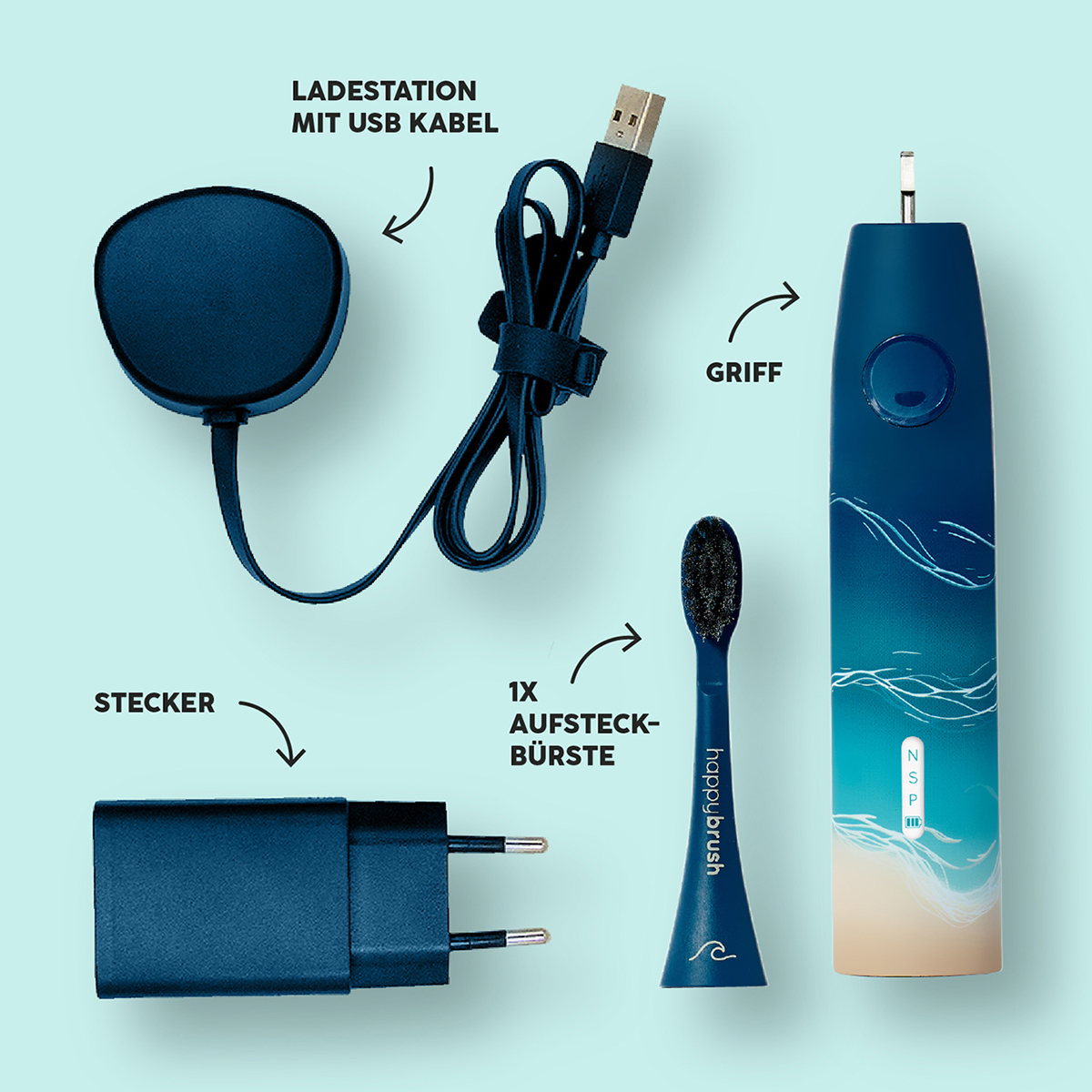 Elektryczna szczoteczka do zębów, ładowarka, kabel USB i główka szczoteczki, wszystko w kolorze niebieskim.