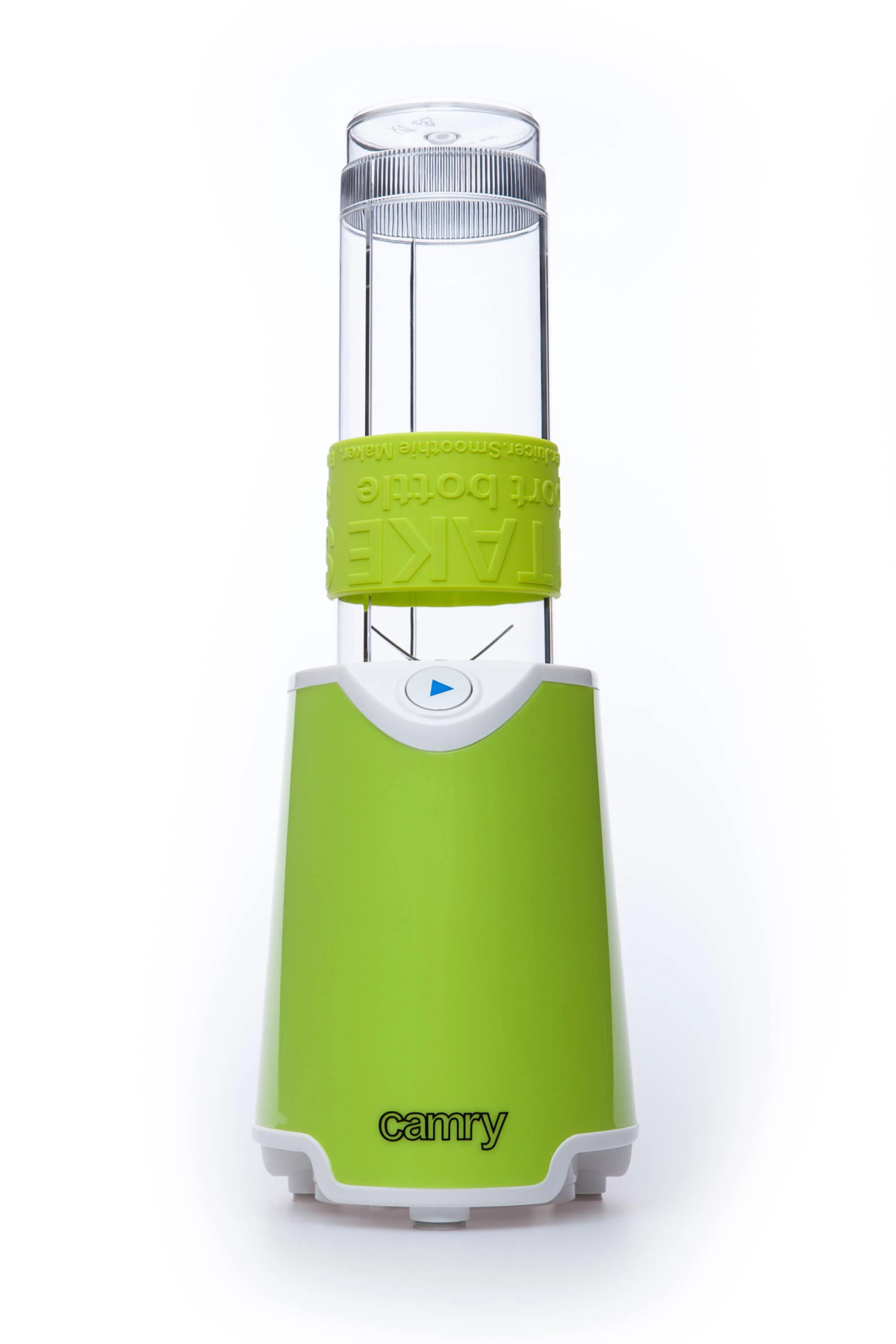 Frullatore verde e bianco. È portatile, con base verde e caraffa trasparente.