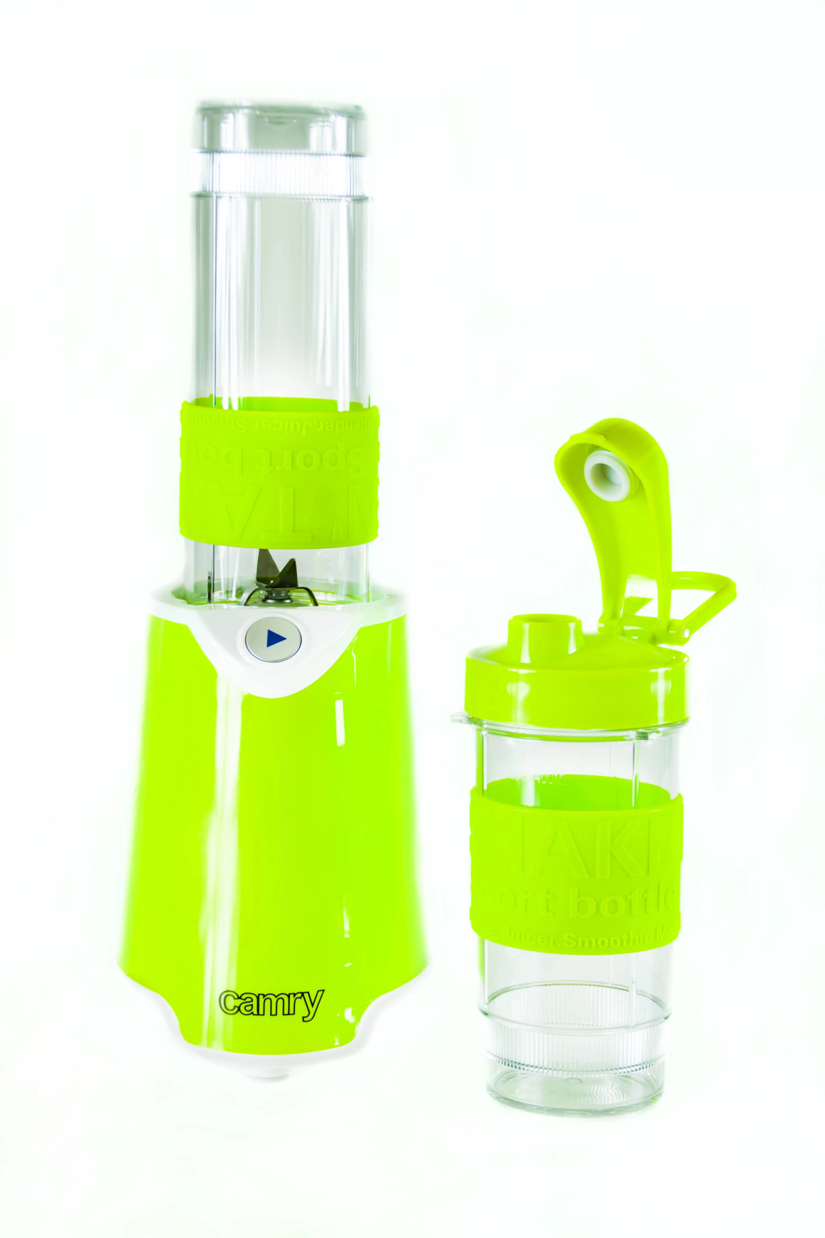 Frullatore e bottiglia verdi. Frullatore con base bianca. Bottiglia con fascia verde.