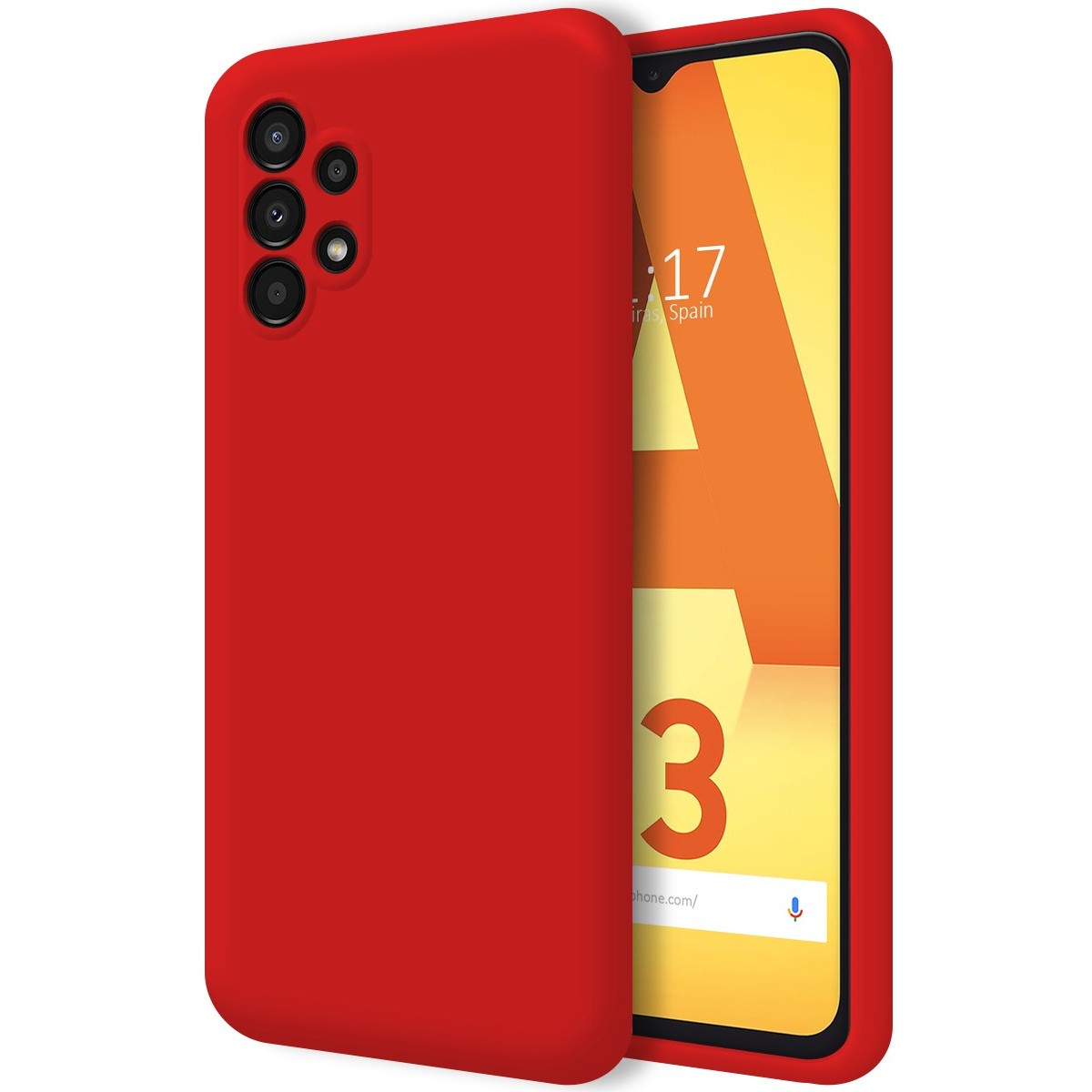 Funda de teléfono roja con un teléfono que muestra una pantalla colorida que muestra una visualización de la hora y el número 3.