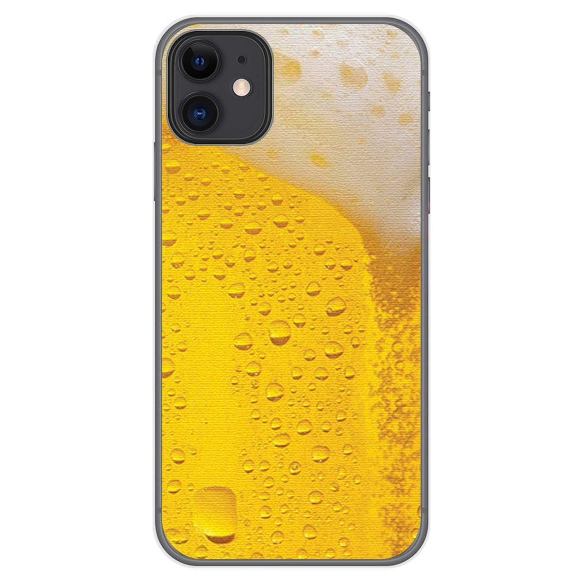 Funda de teléfono que muestra un vaso de cerveza con espuma y gotas de agua.
