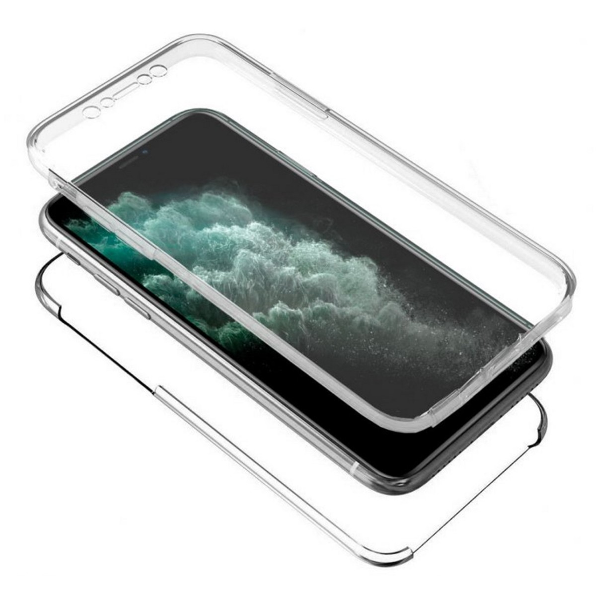 Funda transparente para teléfono, tres piezas, sobre un teléfono negro.