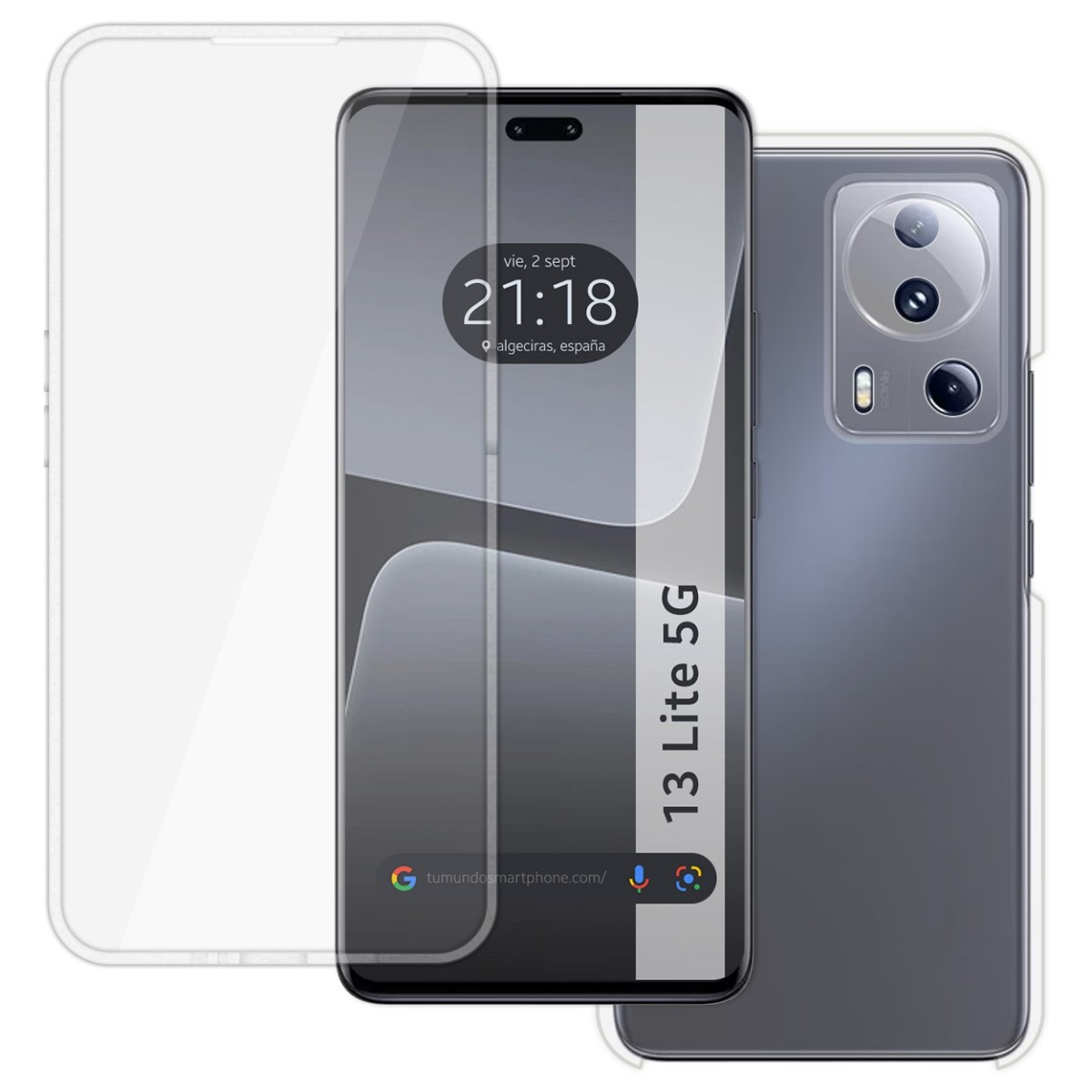 Custodia per telefono con una protezione per lo schermo trasparente e un telefono che mostra un display dell'ora. Funzionalità del telefono.