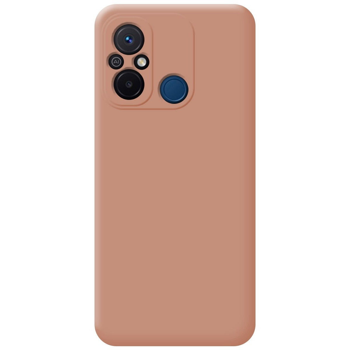 Una custodia per telefono color pesca con tre lenti della fotocamera e un pulsante blu. Design semplice.