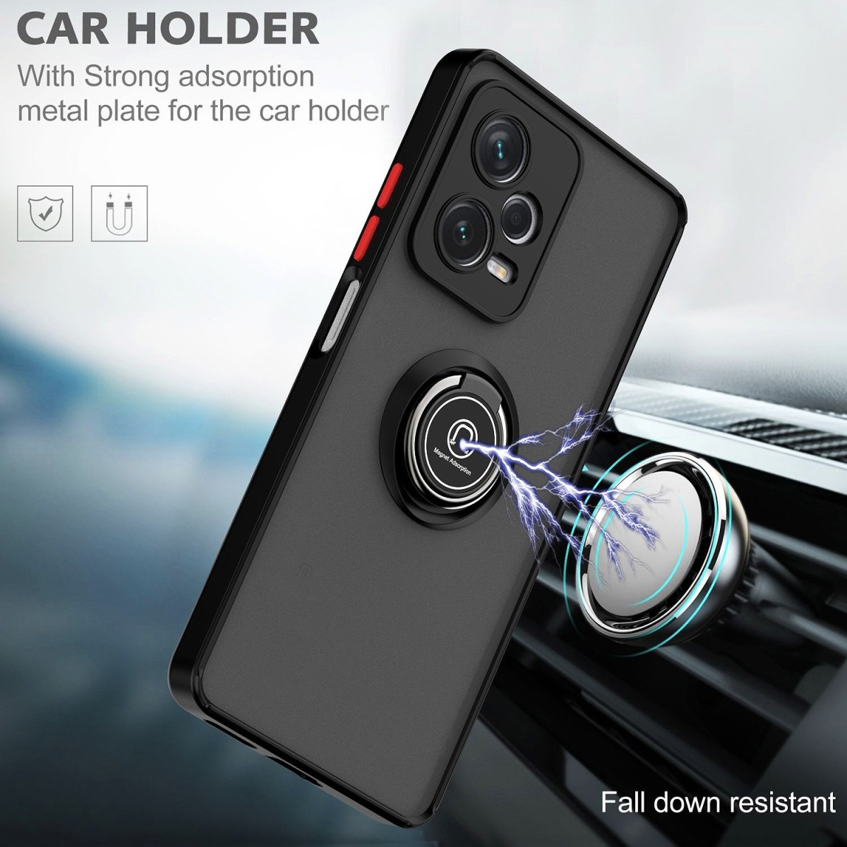 Custodia per telefono con un supporto nero con un anello magnetico e fulmini al centro.