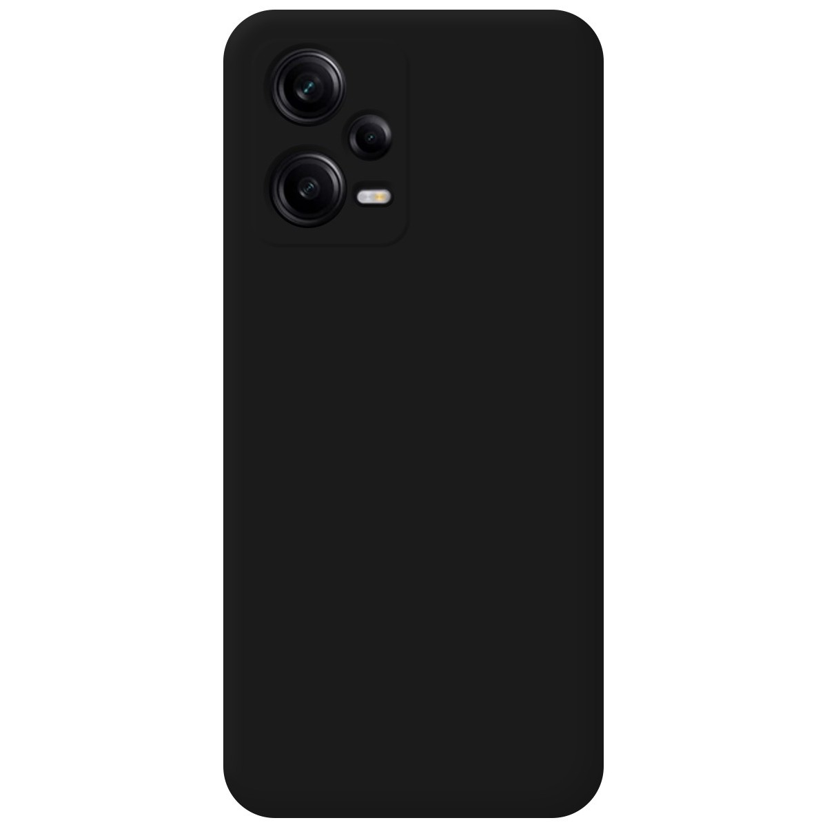 Custodia per telefono nera con tre lenti della fotocamera in alto. La custodia è semplice.