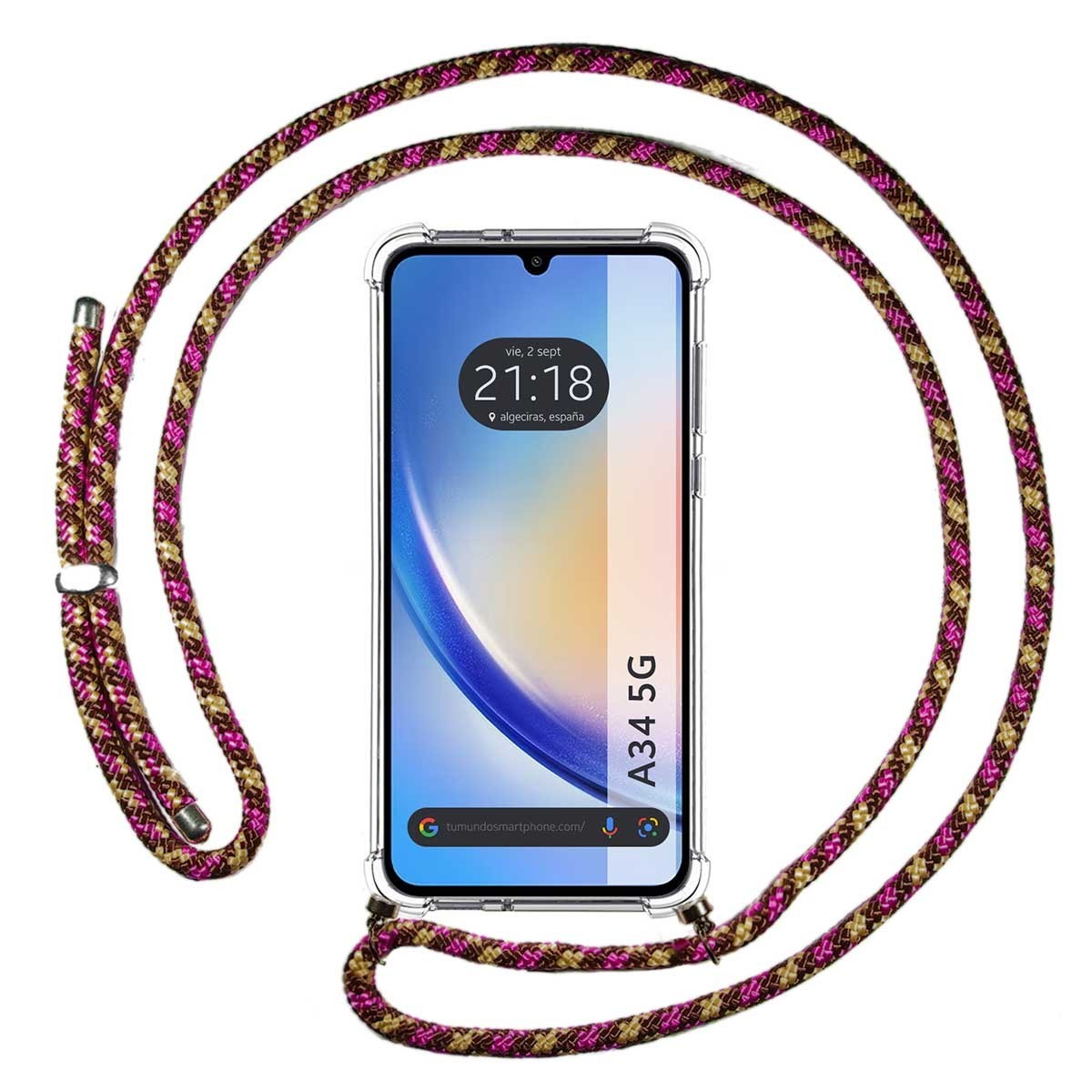 Custodia per telefono con corda rosa e oro. Il telefono ha una cornice trasparente con schermo con ora e luogo.
