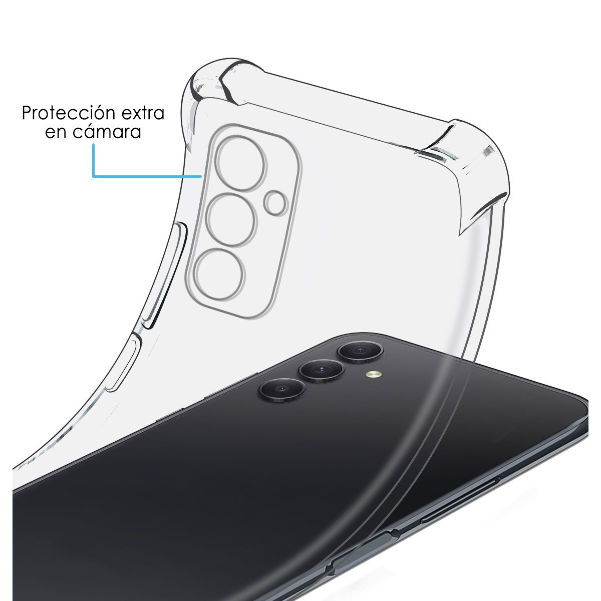 Una custodia trasparente con protezione extra per la fotocamera e un telefono.