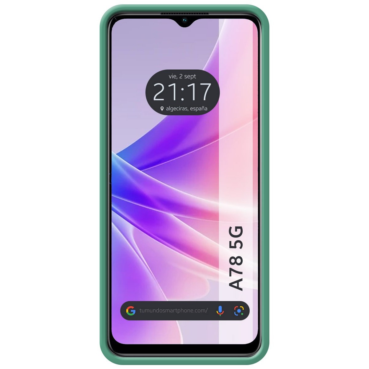 Un telefono con una custodia verde che mostra uno schermo con data e ora.