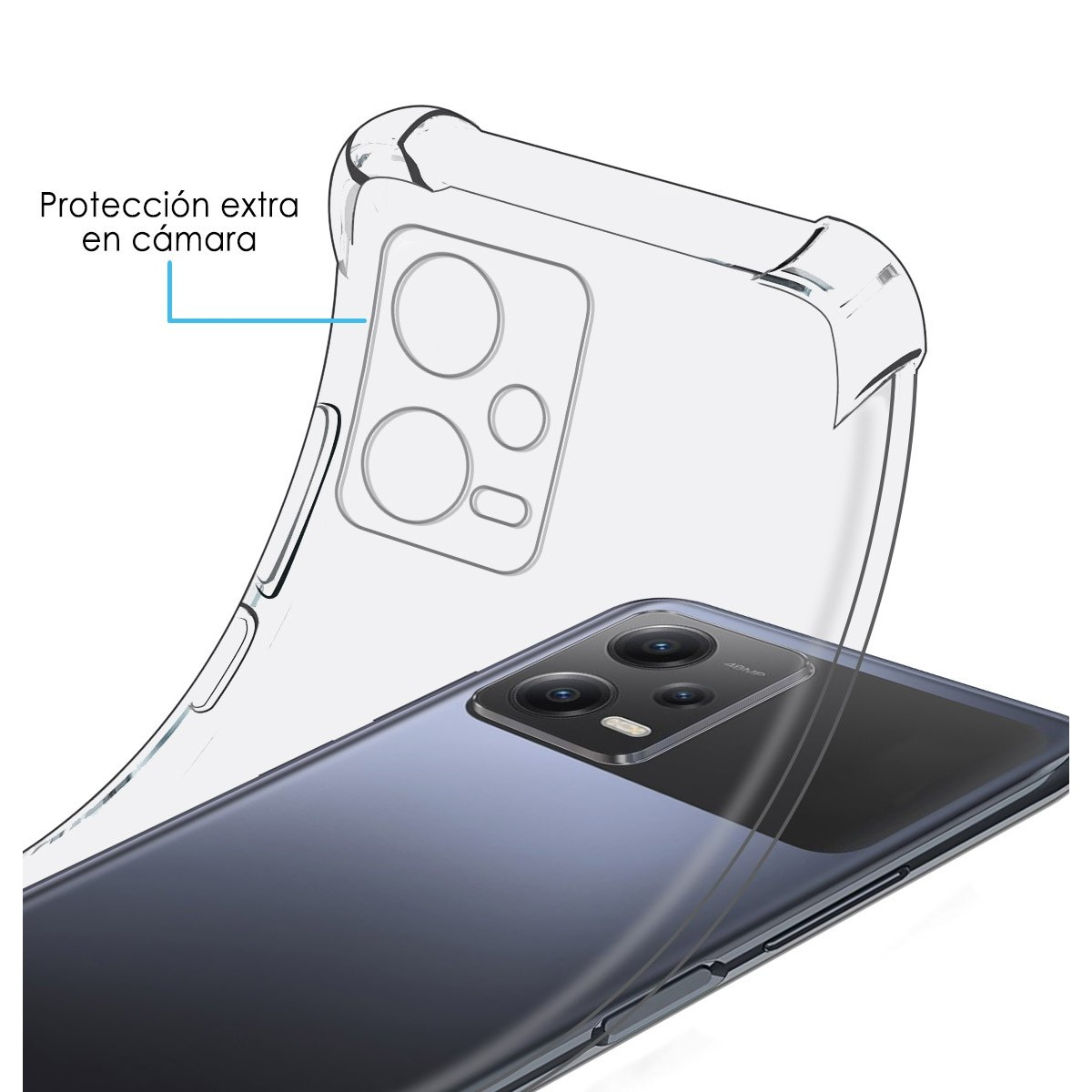 Custodia per telefono trasparente con protezione extra per la fotocamera, che mostra il telefono all'interno.
