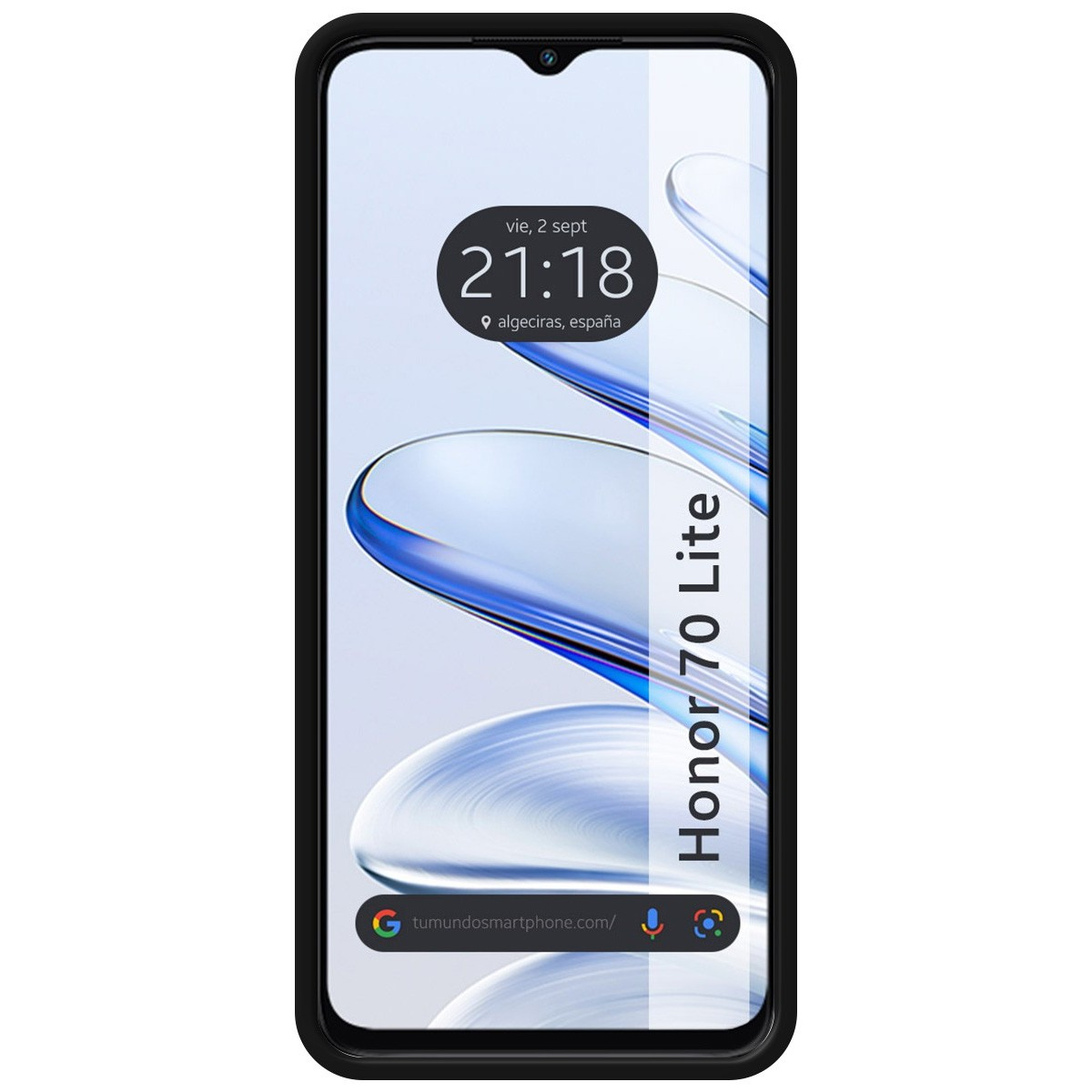 Il telefono mostra uno sfondo bianco e blu. Lo schermo ha un design bianco e blu.