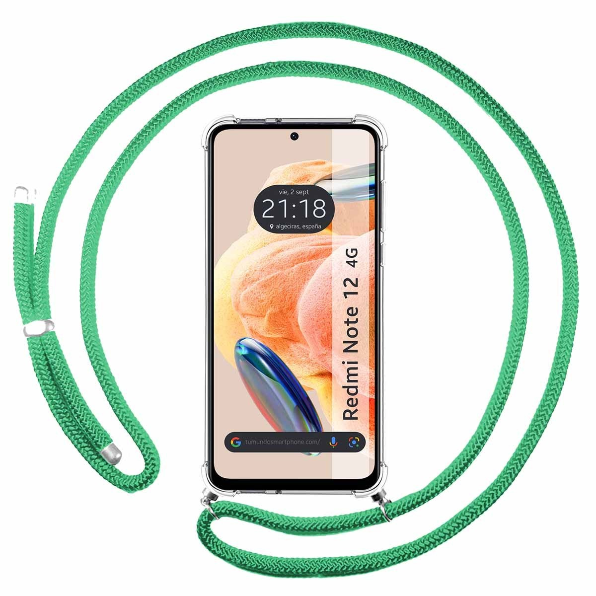 Cinturino verde per telefono con telefono in una custodia trasparente. Il telefono mostra un orario di 21:18.