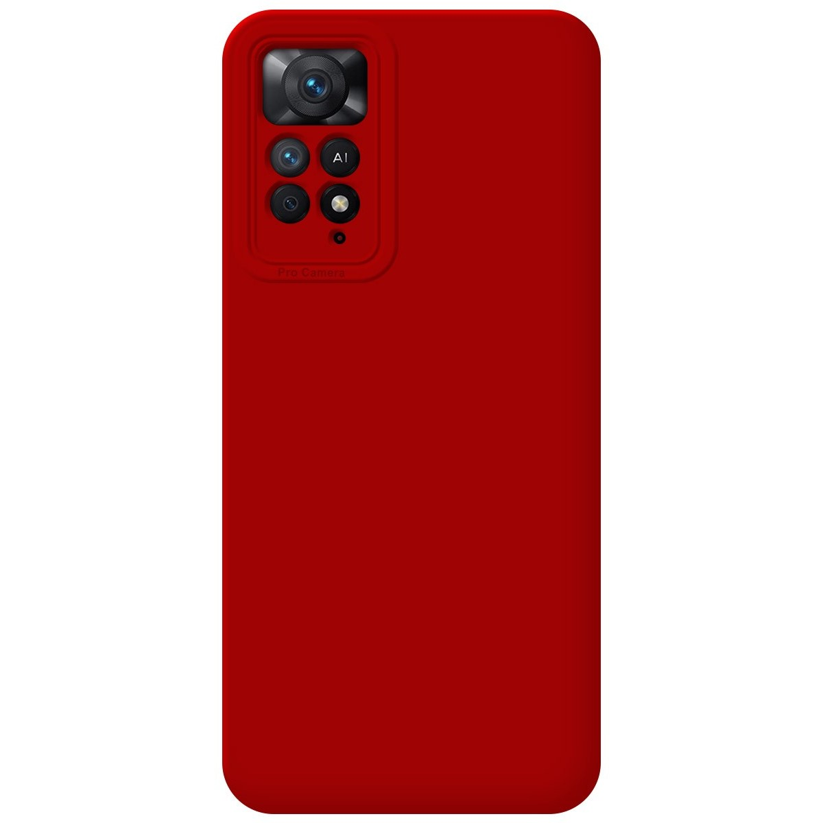 Custodia per telefono rossa con un modulo fotocamera. La custodia ha un'etichetta Pro Camera.