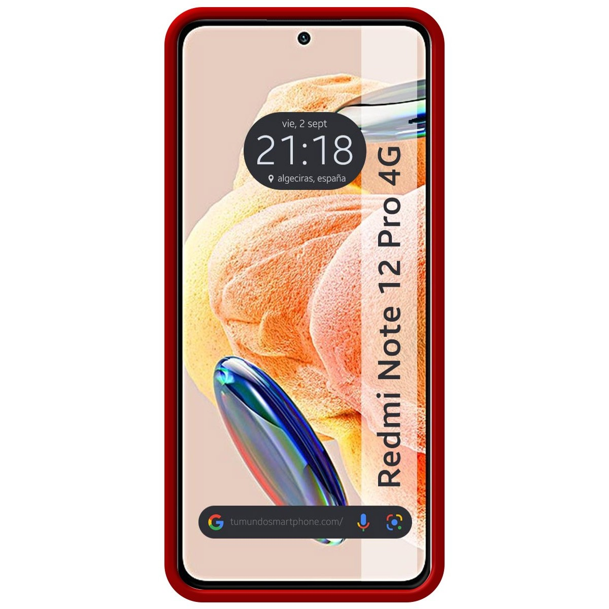 Custodia per telefono con un telefono che mostra l'ora e le informazioni sulla posizione e il testo "Redmi Note 12 Pro 4G".