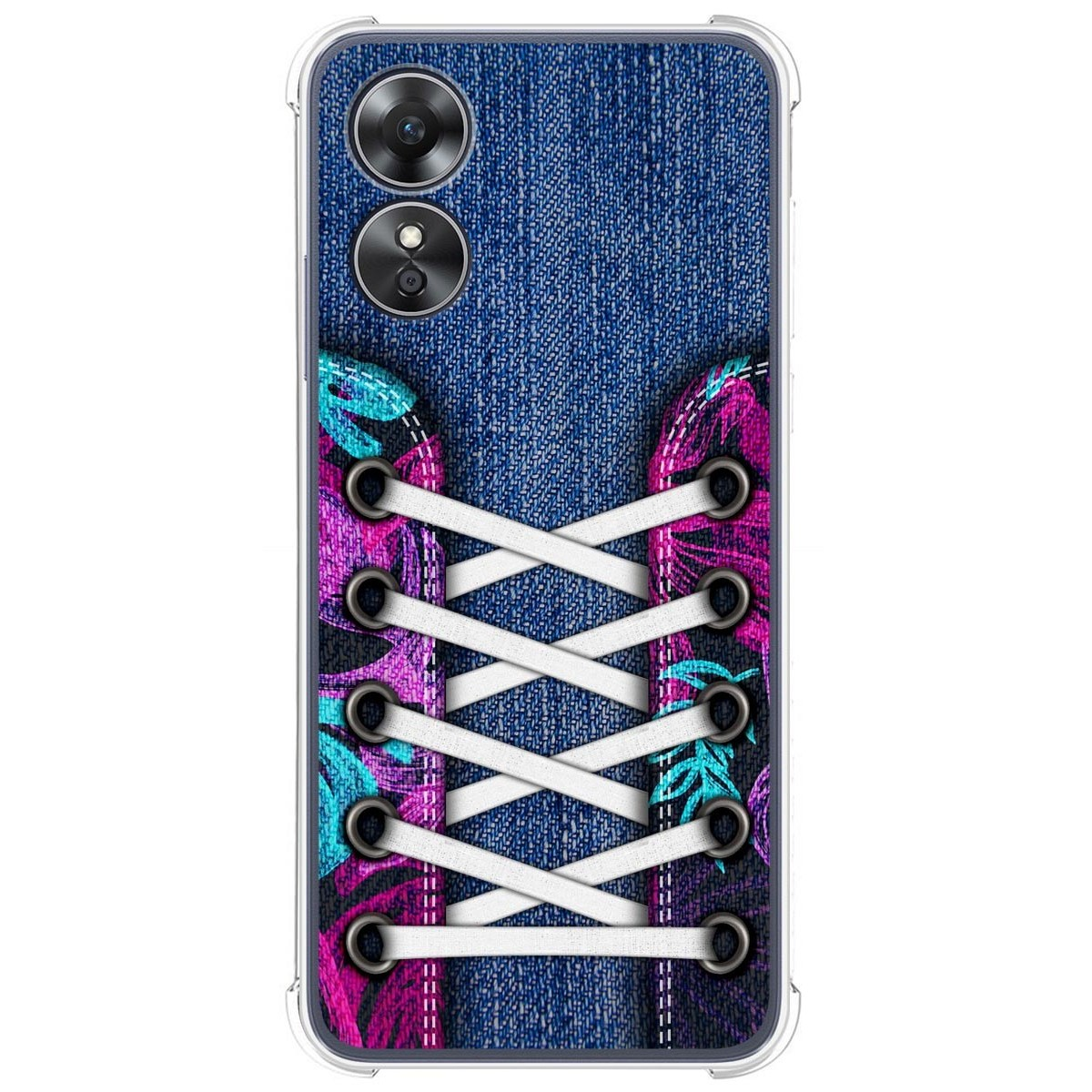 Funda de teléfono con diseño de mezclilla y cordones de zapatos. El teléfono muestra la hora y la fecha.