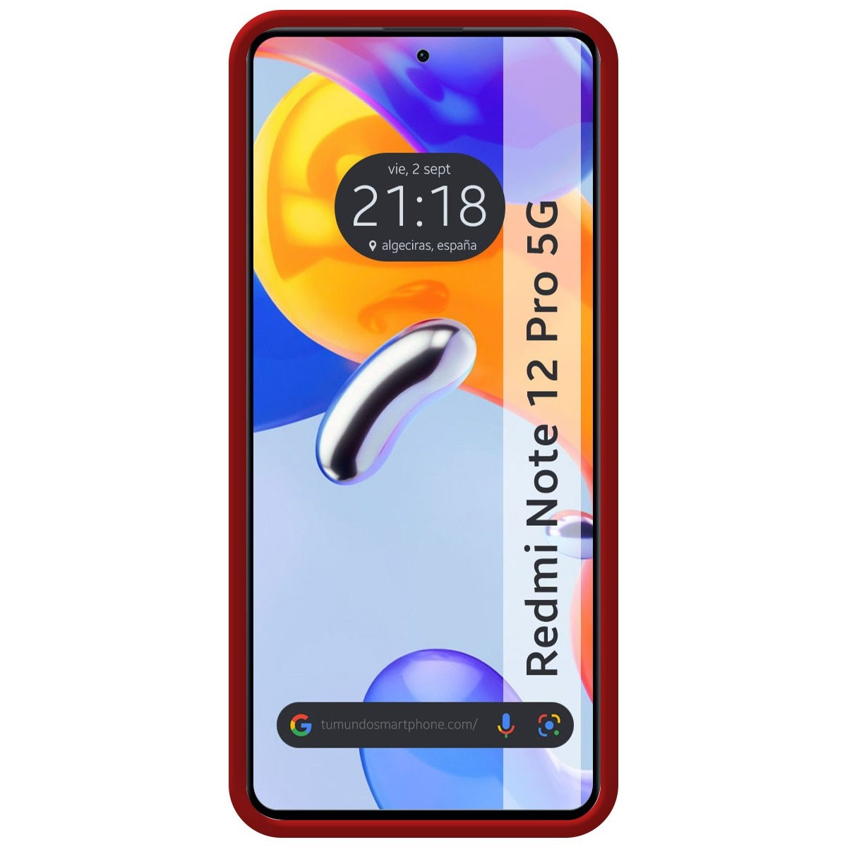 Schermo del telefono Redmi Note 12 Pro 5G con bordo rosso su una custodia.