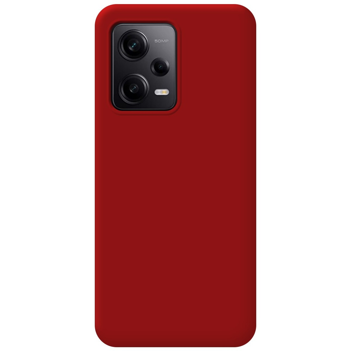 Una custodia rossa tinta unita con un modulo fotocamera. Nessun design o testo sulla custodia.