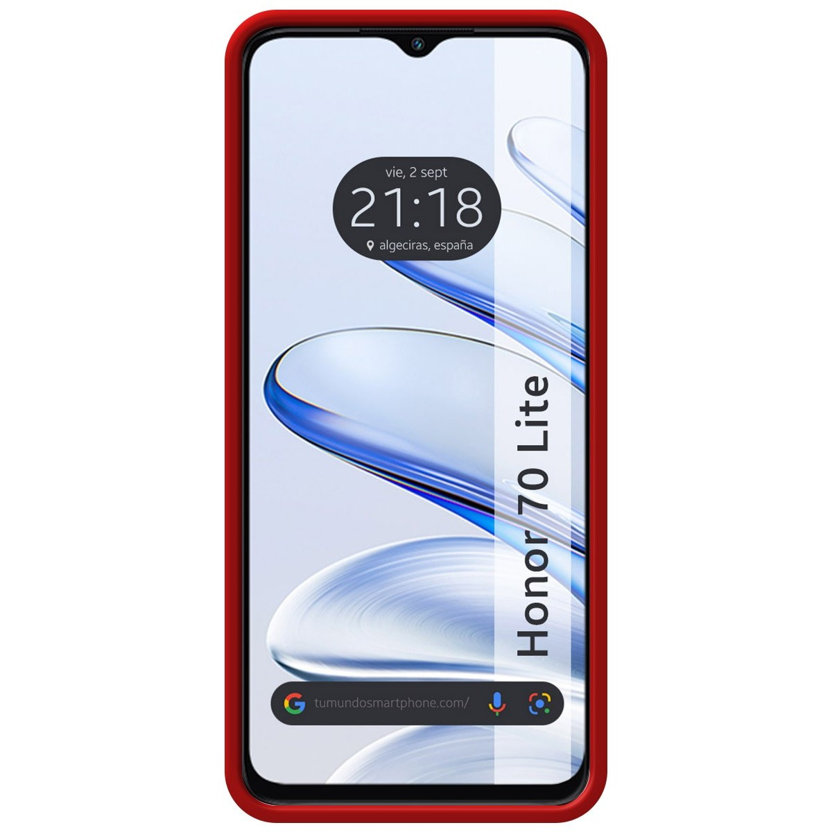 Telefono con bordo rosso. Lo schermo mostra l'ora e le parole "Honor 70 Lite".
