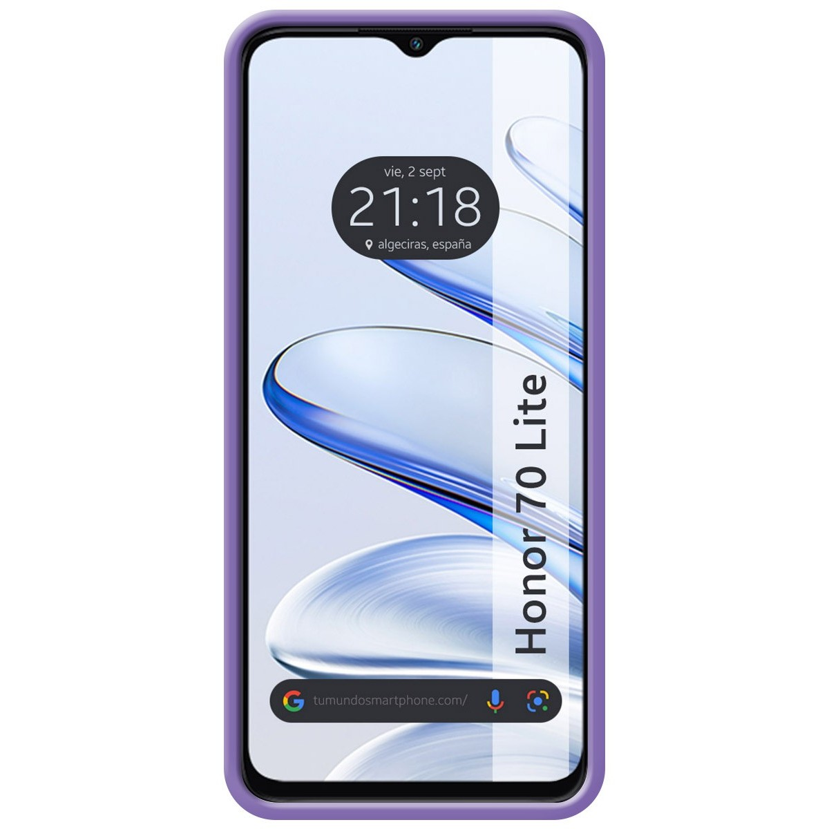Una custodia viola con uno schermo che mostra l'ora, il luogo e il modello del telefono.