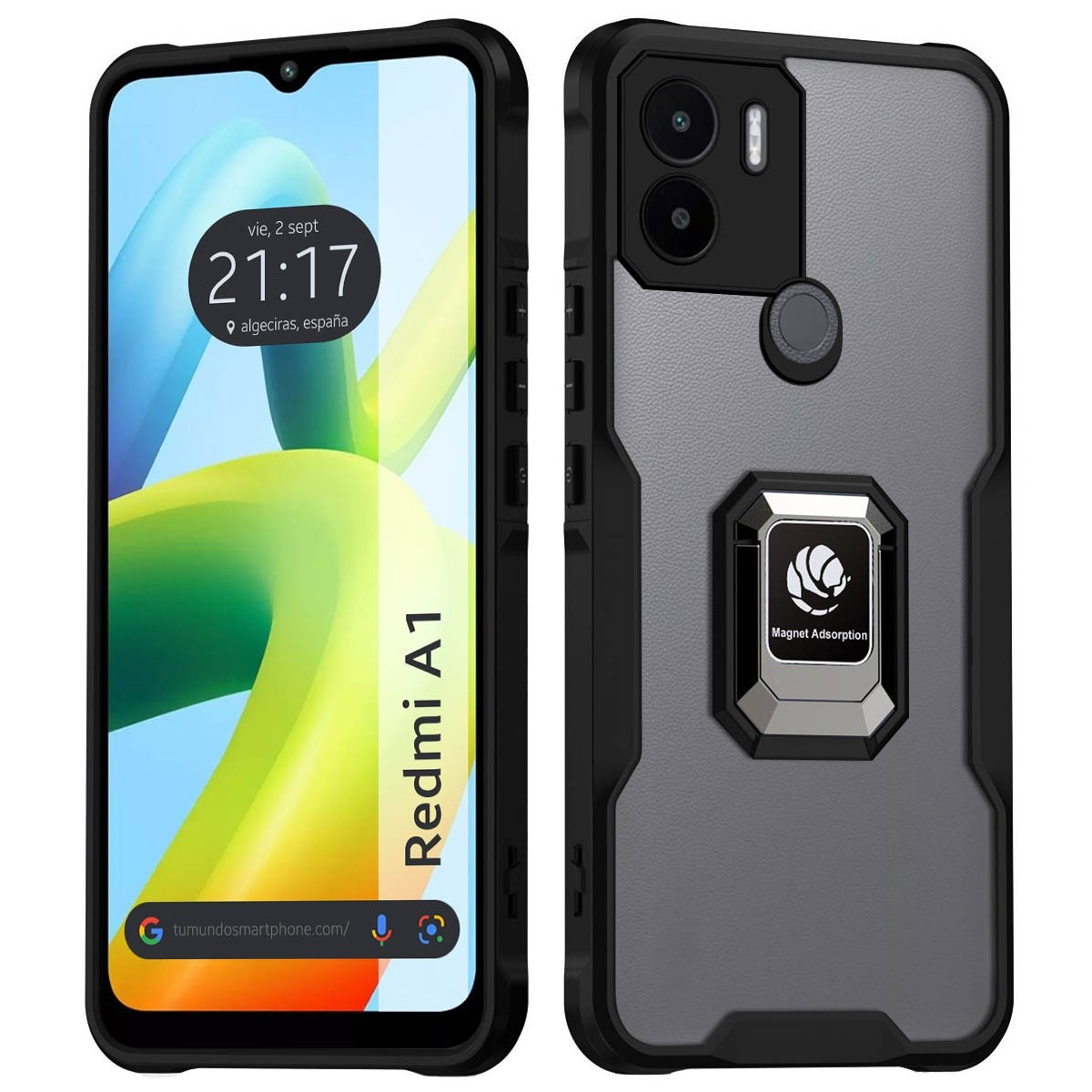 Custodia per telefono con un design grigio e nero. Un telefono Redmi A1 è visibile sul lato sinistro.