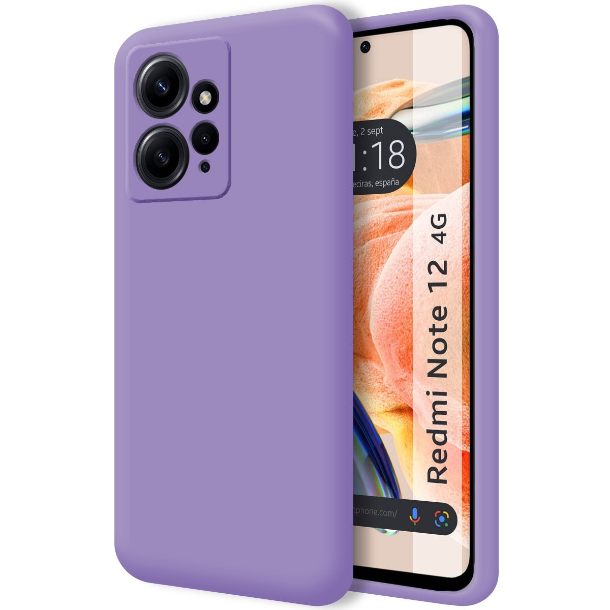 Custodia viola. Lo schermo mostra data e ora. Le parole 'Redmi Note 12 4G' sono visibili.
