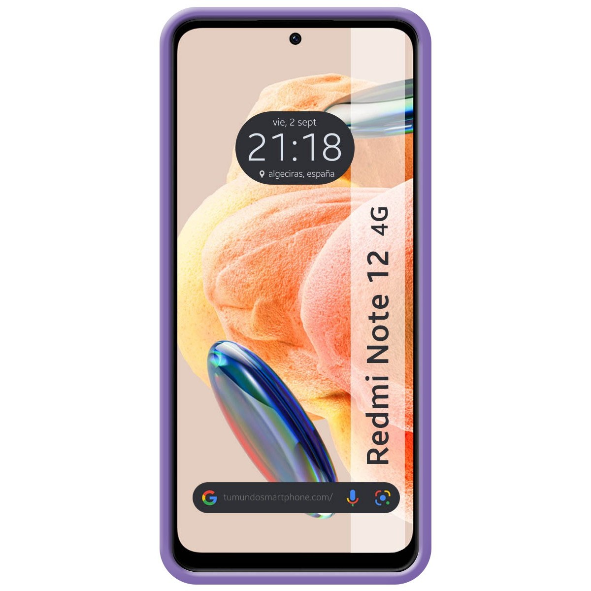 Custodia per telefono viola con schermo che mostra data, ora, città. Il modello del telefono è Redmi Note 12 4G.