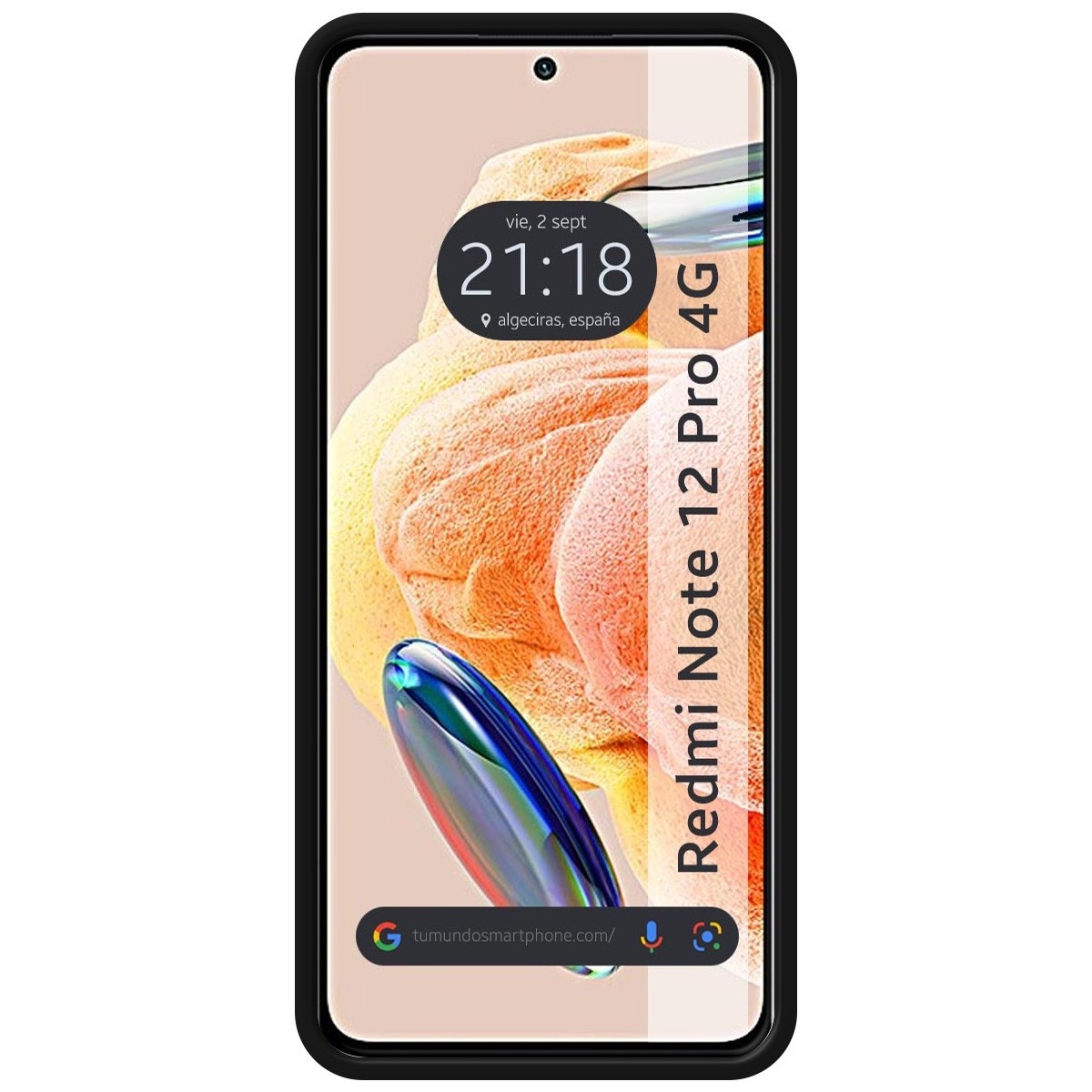 Custodia con Redmi Note 12 Pro 4G sullo schermo. Il telefono mostra ora e data.