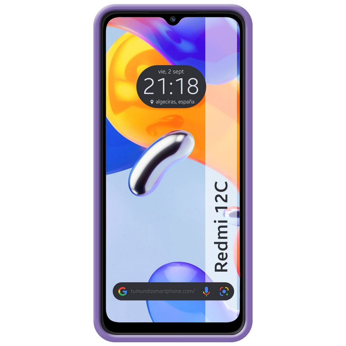 Custodia per telefono con schermo del telefono che mostra l'ora e la data e un bordo viola.