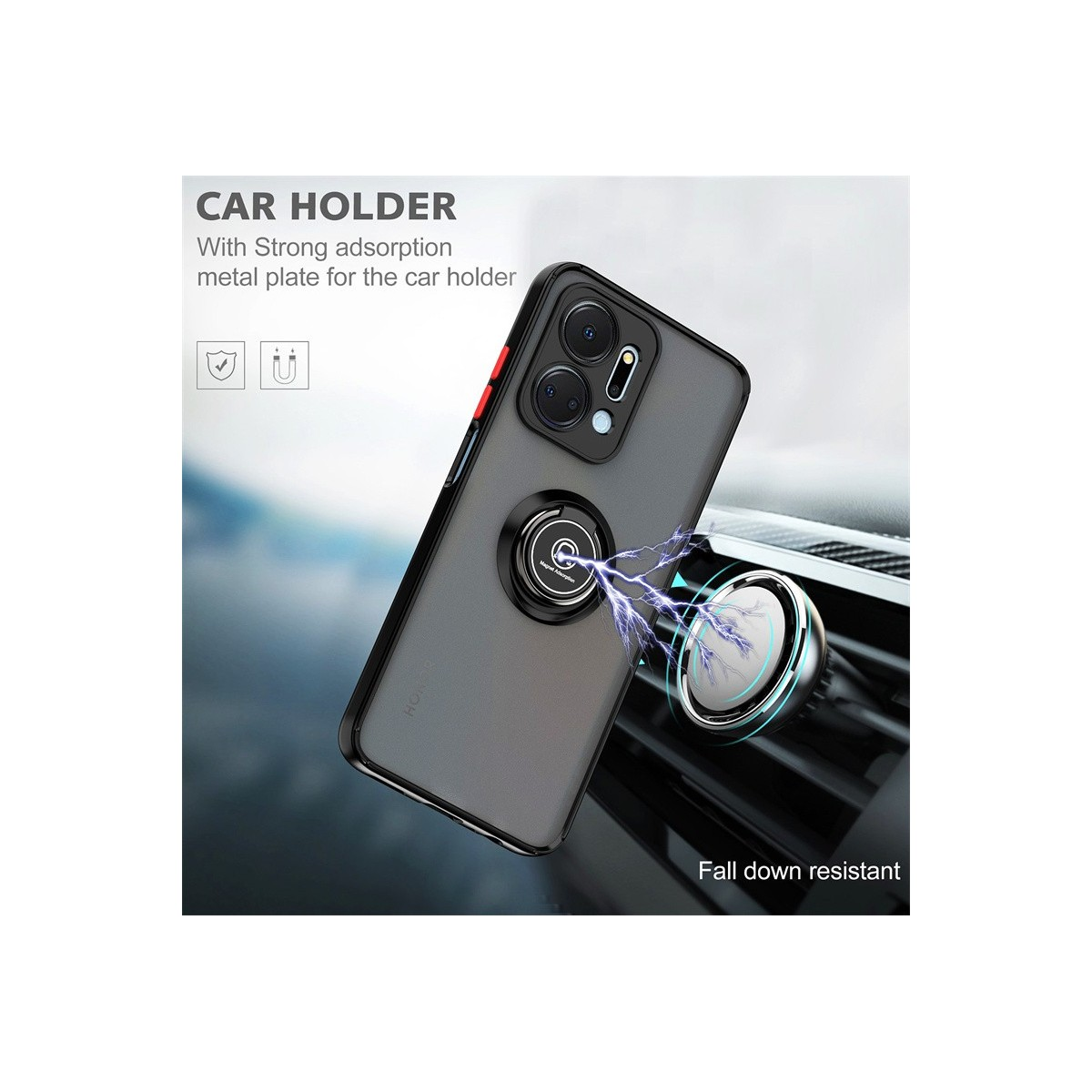 Una custodia per telefono con telefono e supporto per auto. Il telefono è collegato al supporto con una connessione magnetica.