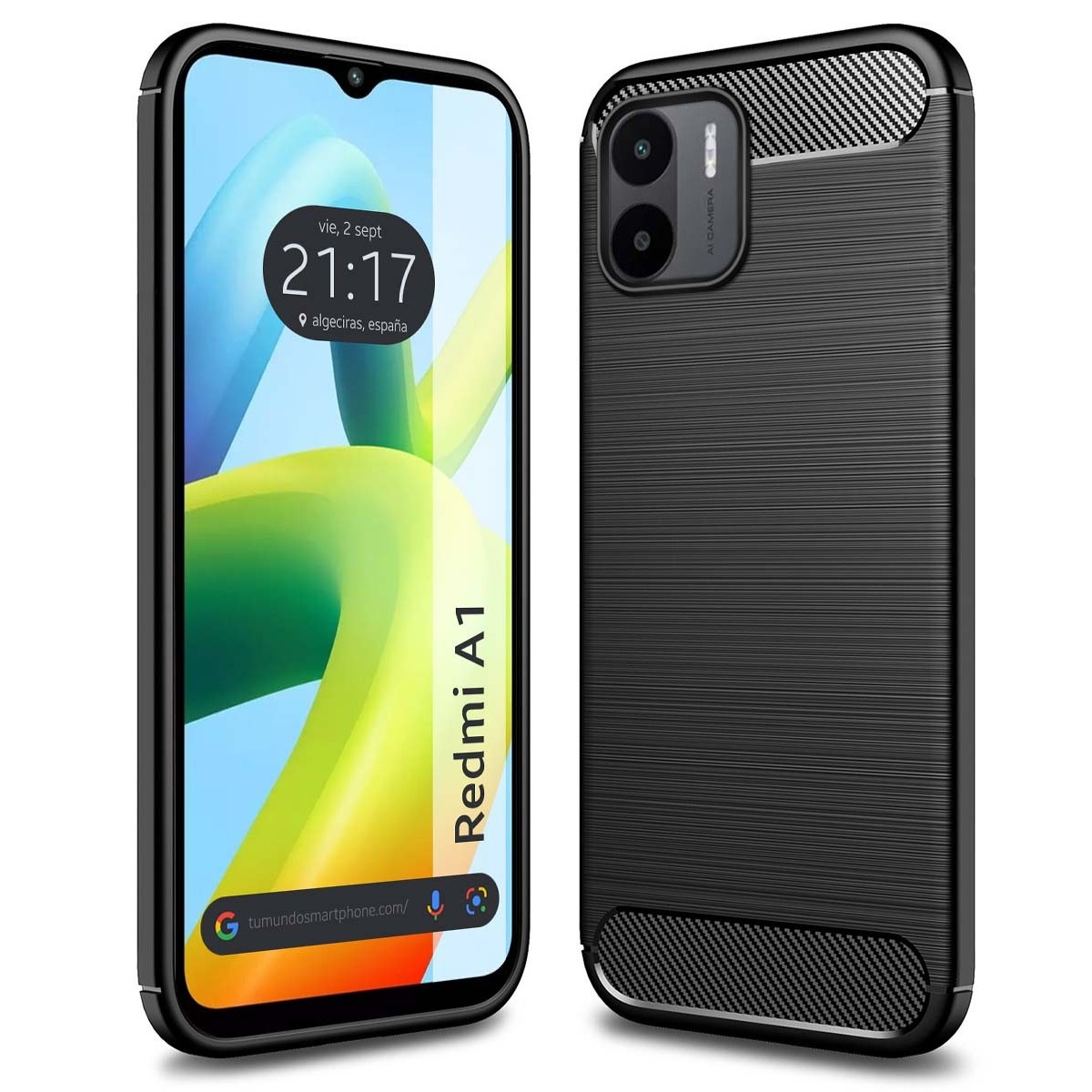Telefono nero con custodia nera. Lo schermo mostra ora, posizione e testo: Redmi A1.