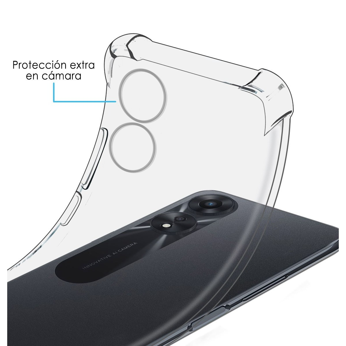 Custodia trasparente che mostra la fotocamera del telefono e l'involucro protettivo.