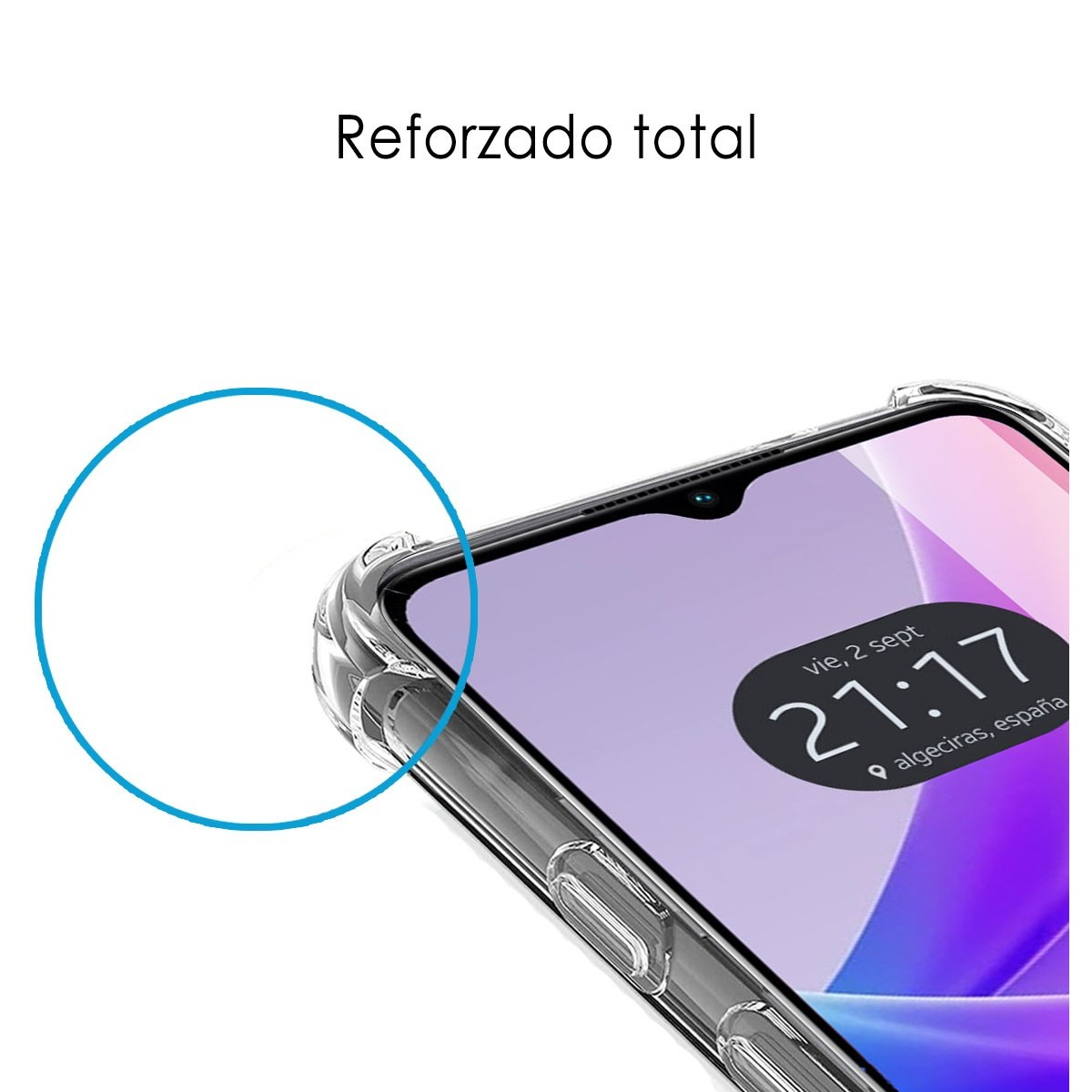 Primo piano di un telefono all'interno di una custodia trasparente. Testo sopra: 'Rinforzato totale'.
