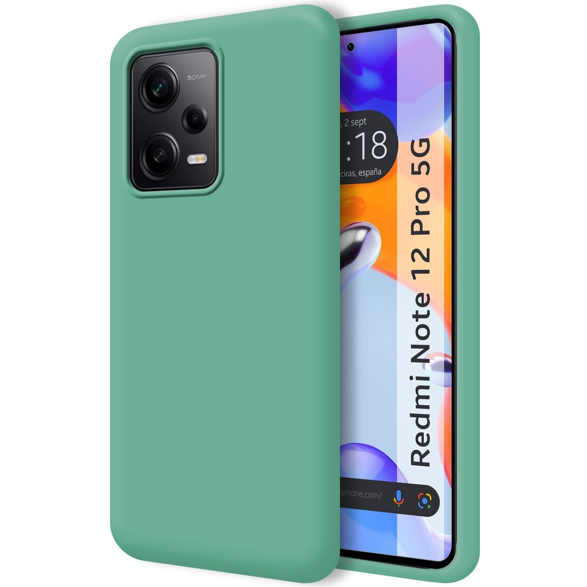 Custodia per telefono verde. Il telefono è di colore verde menta. Il telefono mostra l'ora e la posizione.