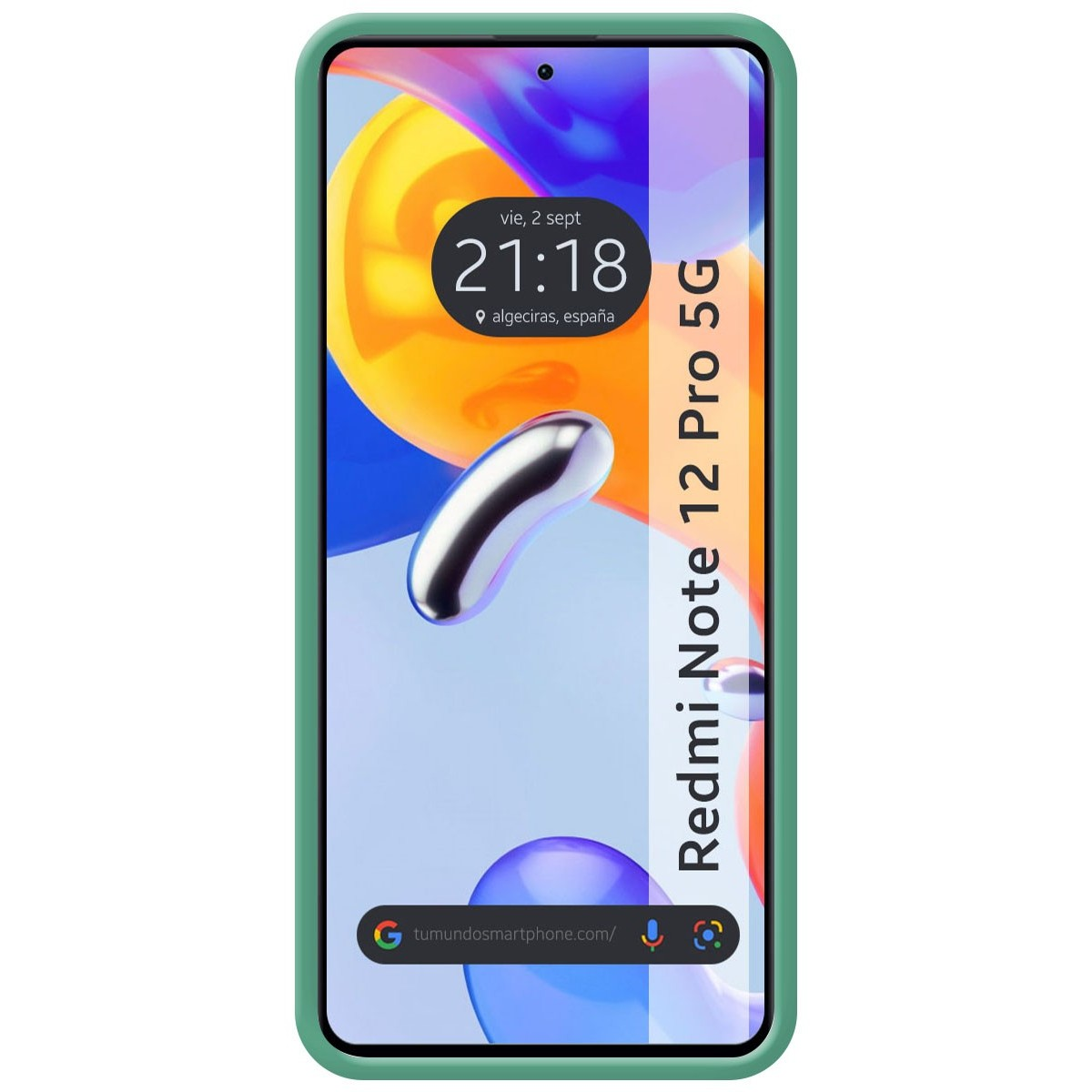 Custodia per telefono verde. Sfondo astratto arancione e blu. Il telefono mostra ora e luogo. Bordo trasparente.